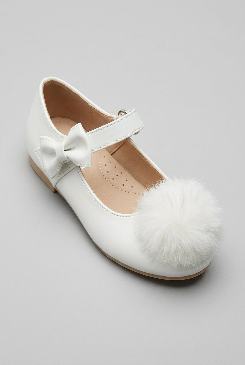 Little Girls Patent Pom Pom Mary Jane Shoes - White Side Picture