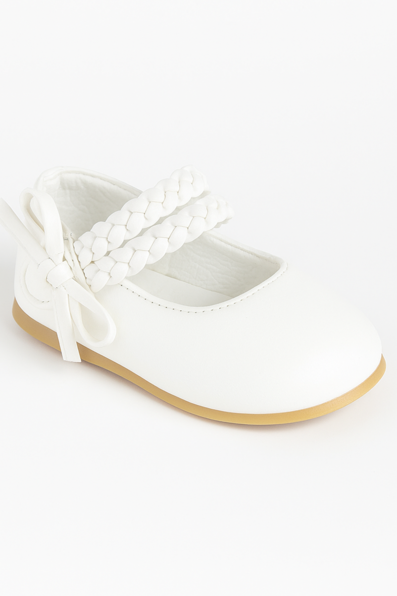 Little Girls’ Braided Strap Mary Jane Shoes with Bow - OPHELIA - White Side Picture
