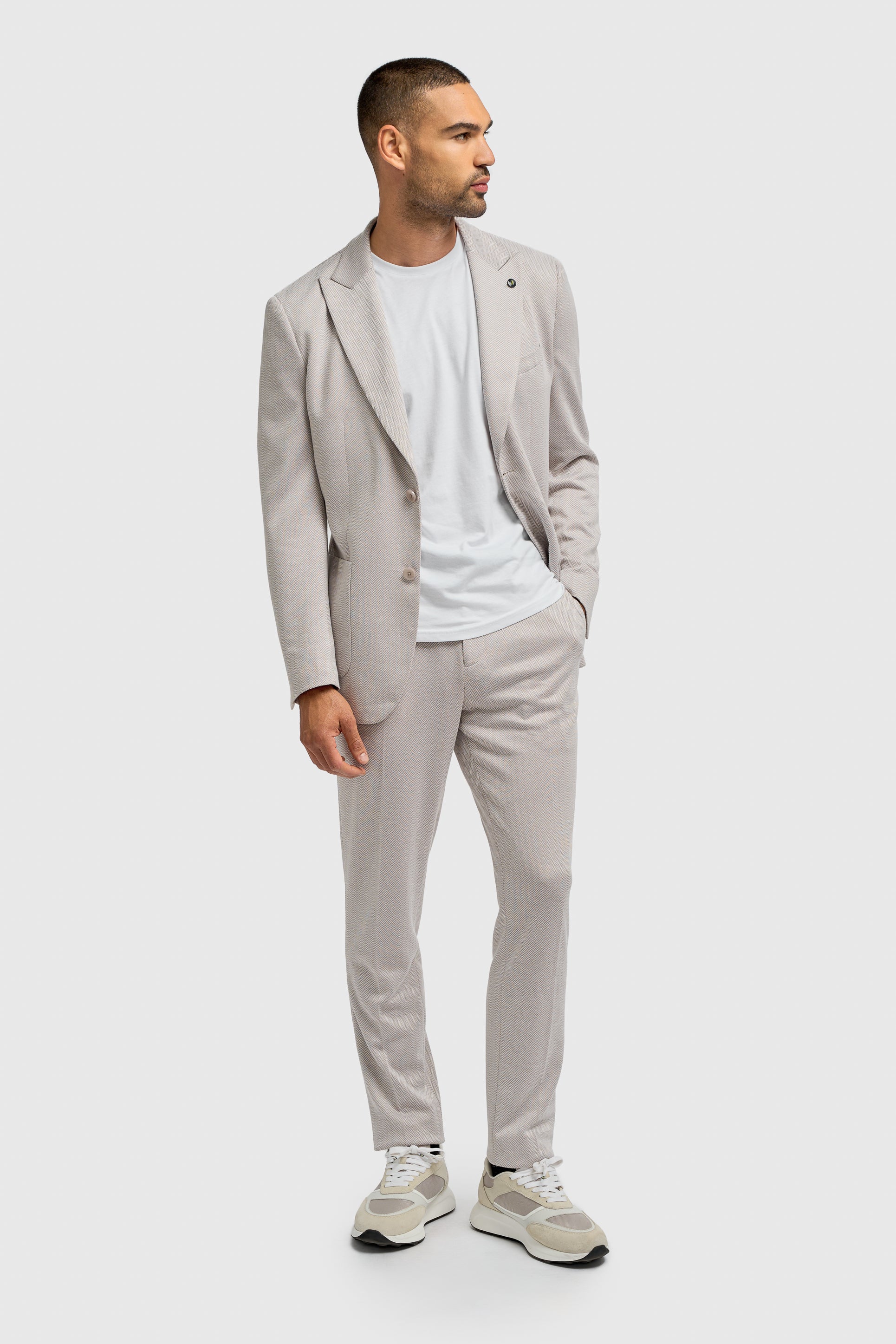 Men’s 2-Piece Herringbone Casual Suit - Vasco - Beige Front Picture