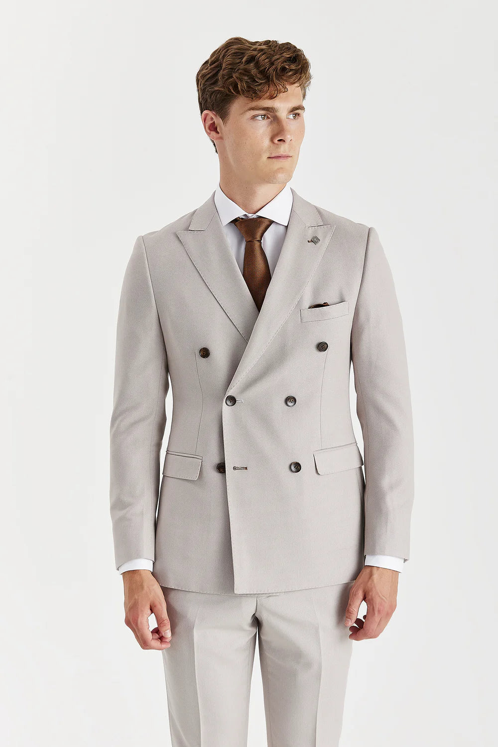 Men’s 2-Piece Tailored Fit Double Breasted Suit - MAYFAIR - Stone Modle Picture