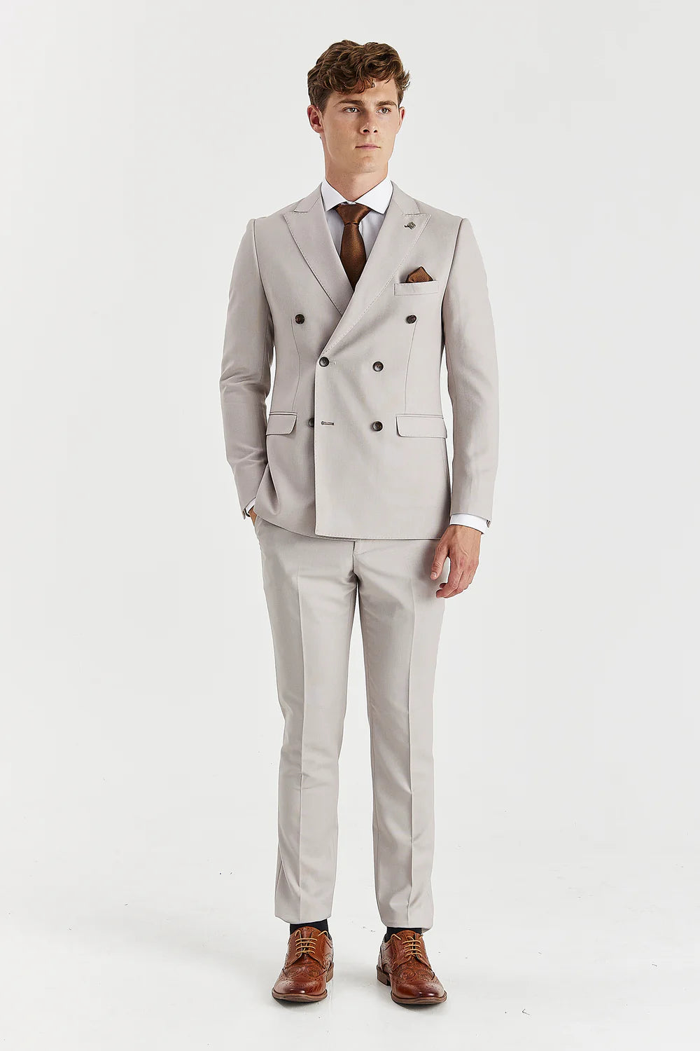 Men’s 2-Piece Tailored Fit Double Breasted Suit - MAYFAIR - Stone Modle Front Picture