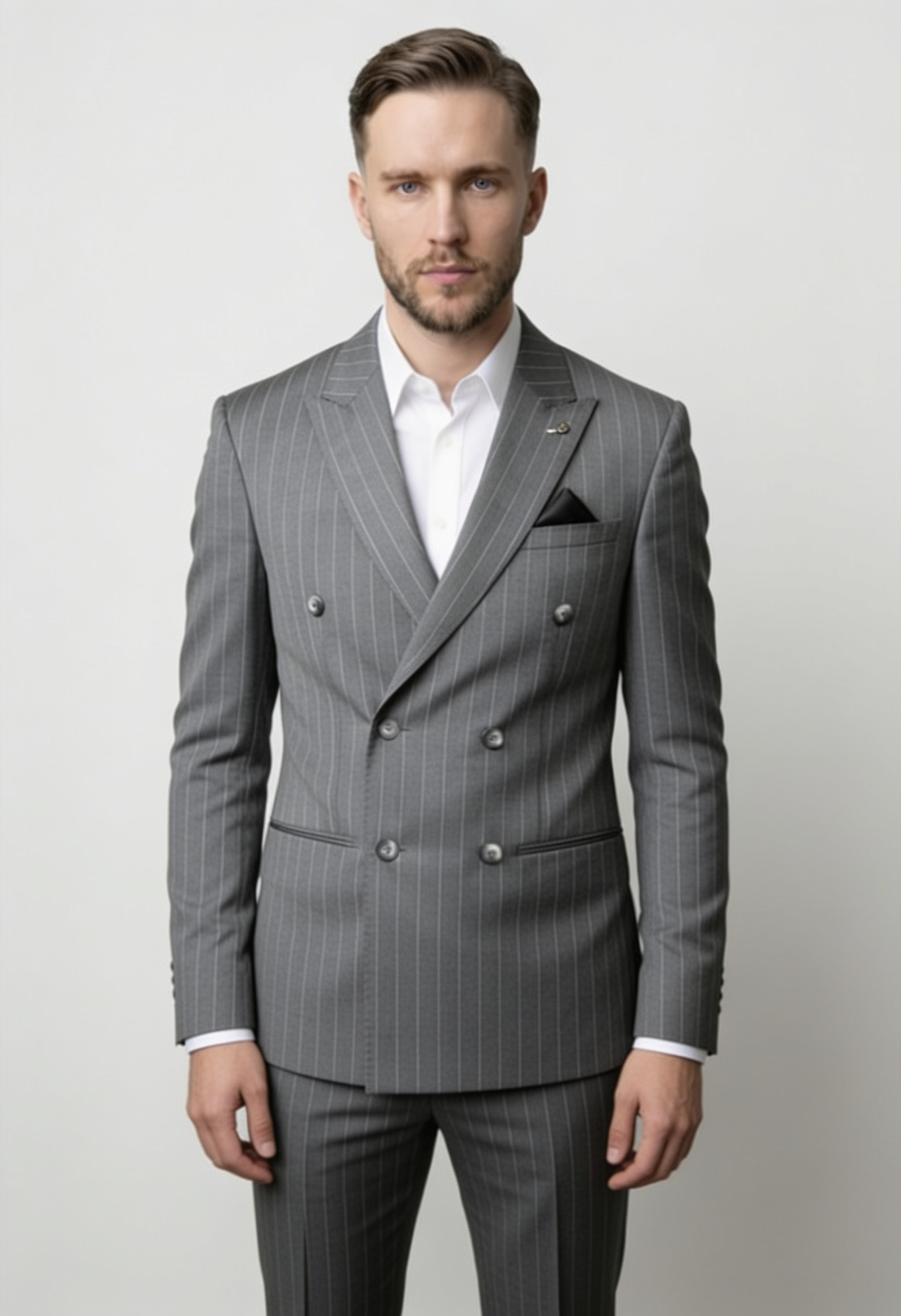 Men’s 2-Piece Wool Double Breasted Pinstripe Suit - Style LENNOX GREY