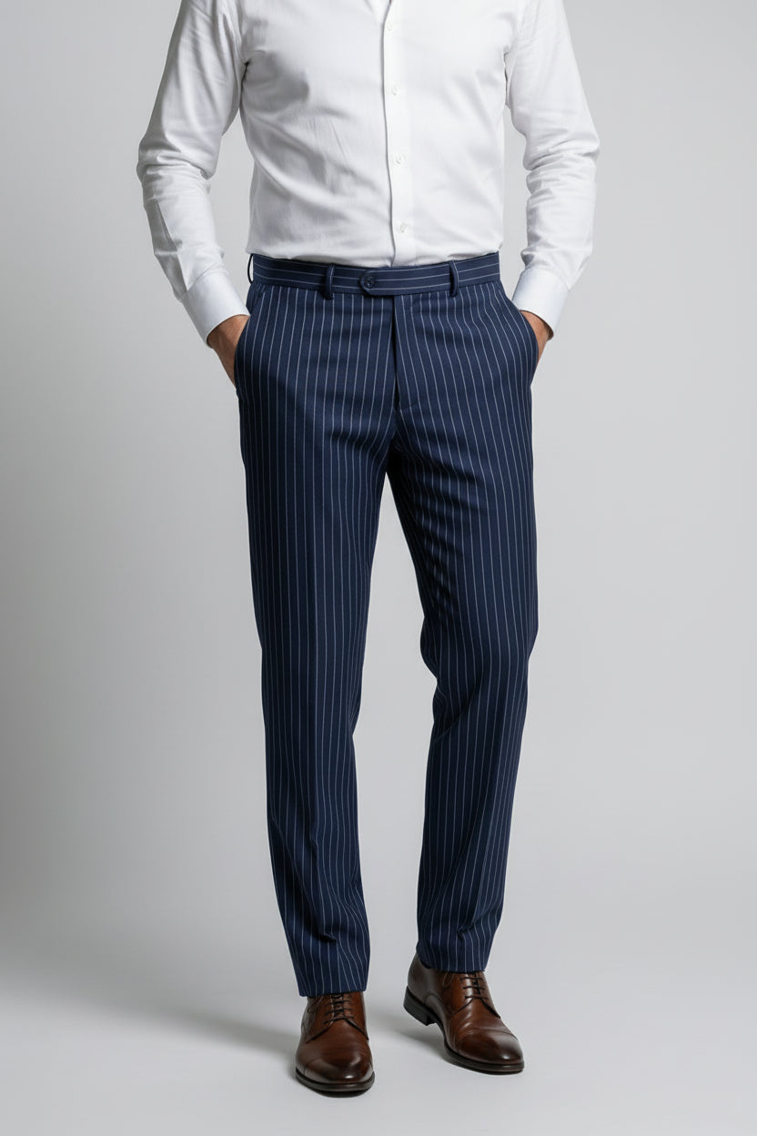 Men’s 2 Piece Double Breasted Pinstripe Suit - EVAN NAVY Trousers Picture