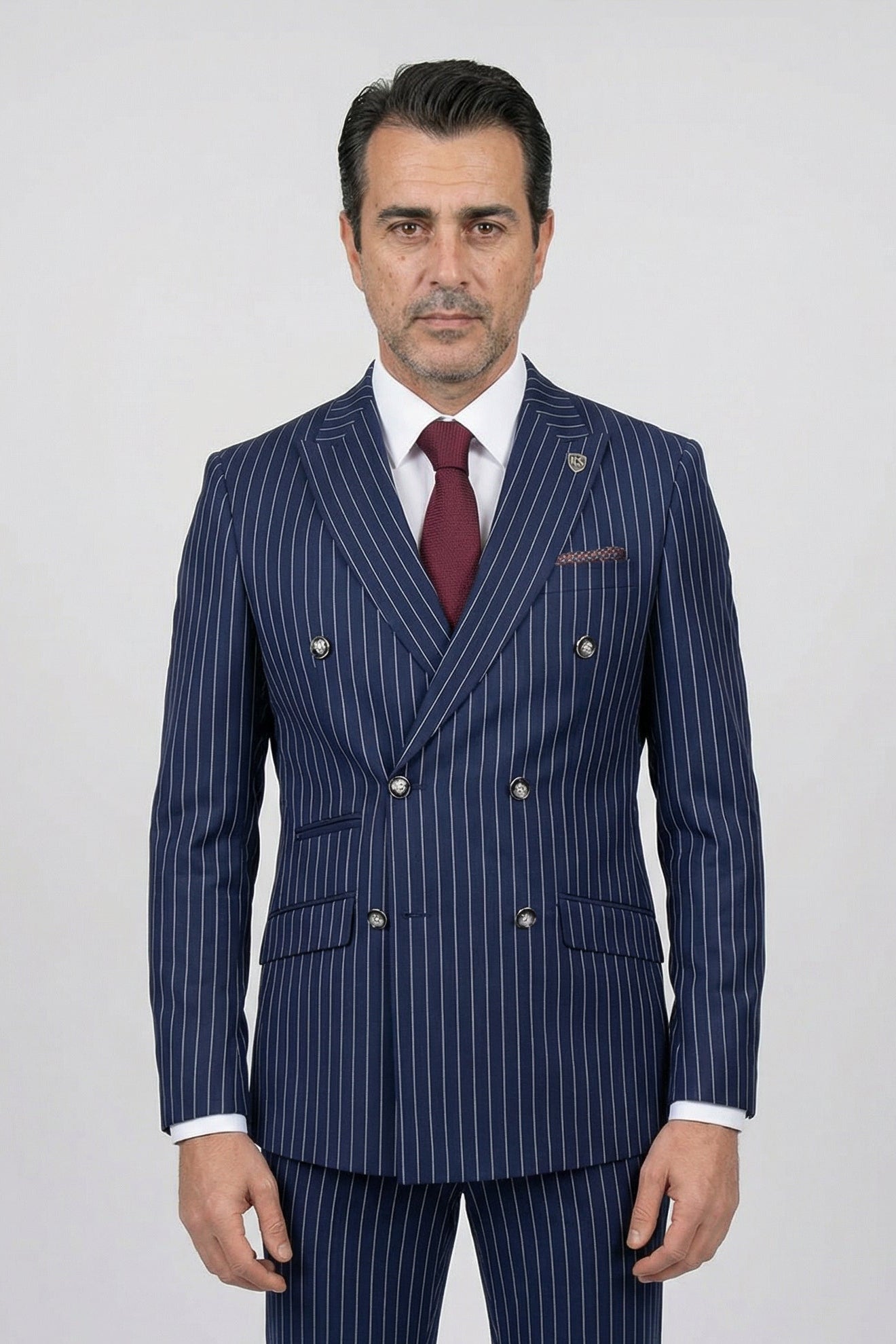 Men’s 2 Piece Double Breasted Pinstripe Suit - EVAN NAVY Model Picture