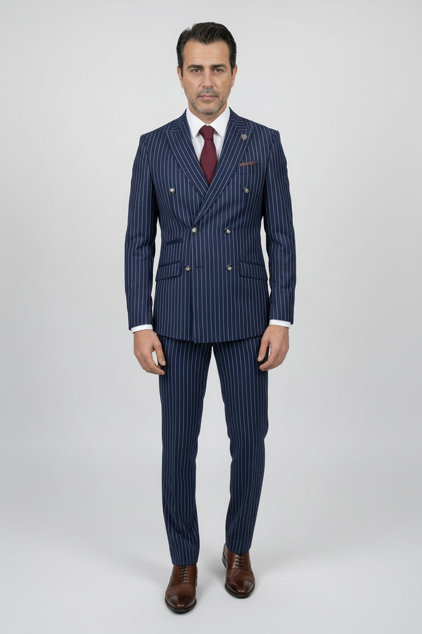 Men’s 2 Piece Double Breasted Pinstripe Suit - EVAN NAVY Model Front Picture