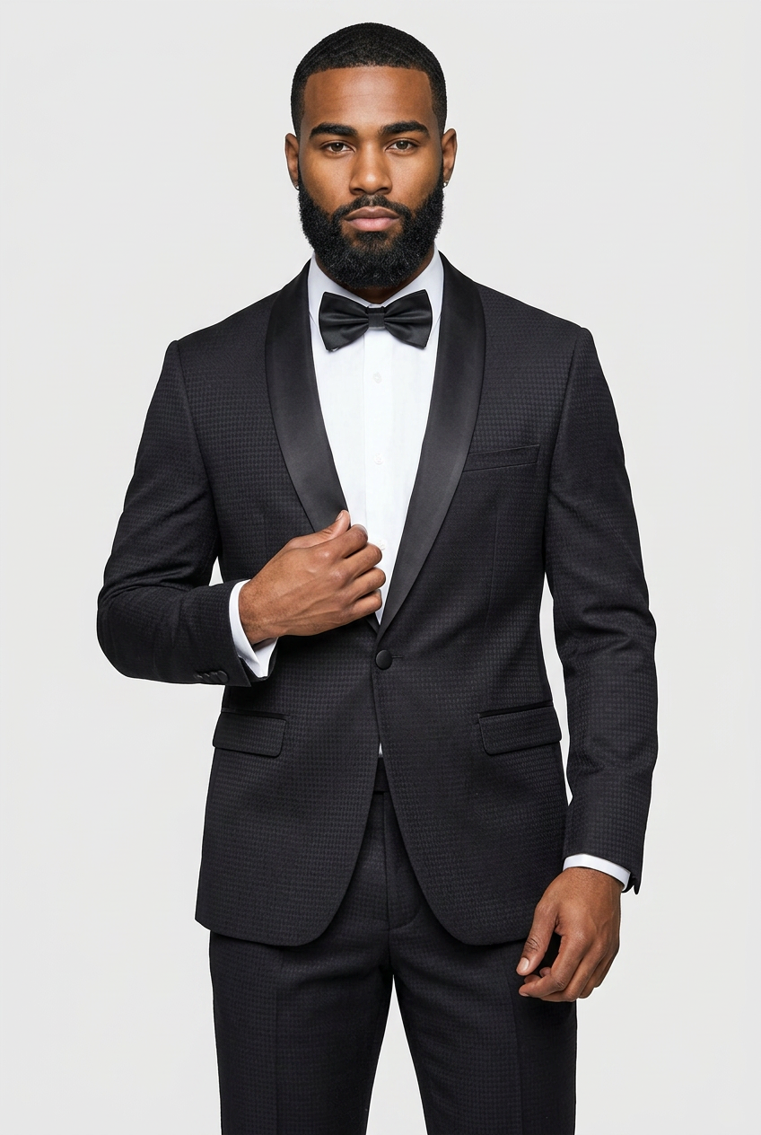 Men’s 2 Piece Textured Shawl Lapel Tuxedo Suit - Style SAKKI BLACK