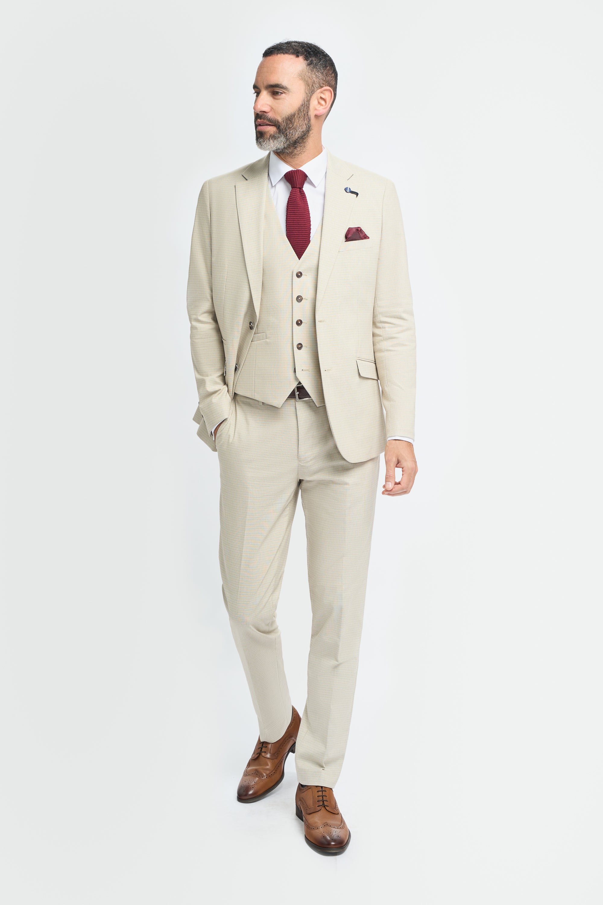 Men’s 3-Piece Beige Cotton Microcheck Suit - Hampton Model Front Picture