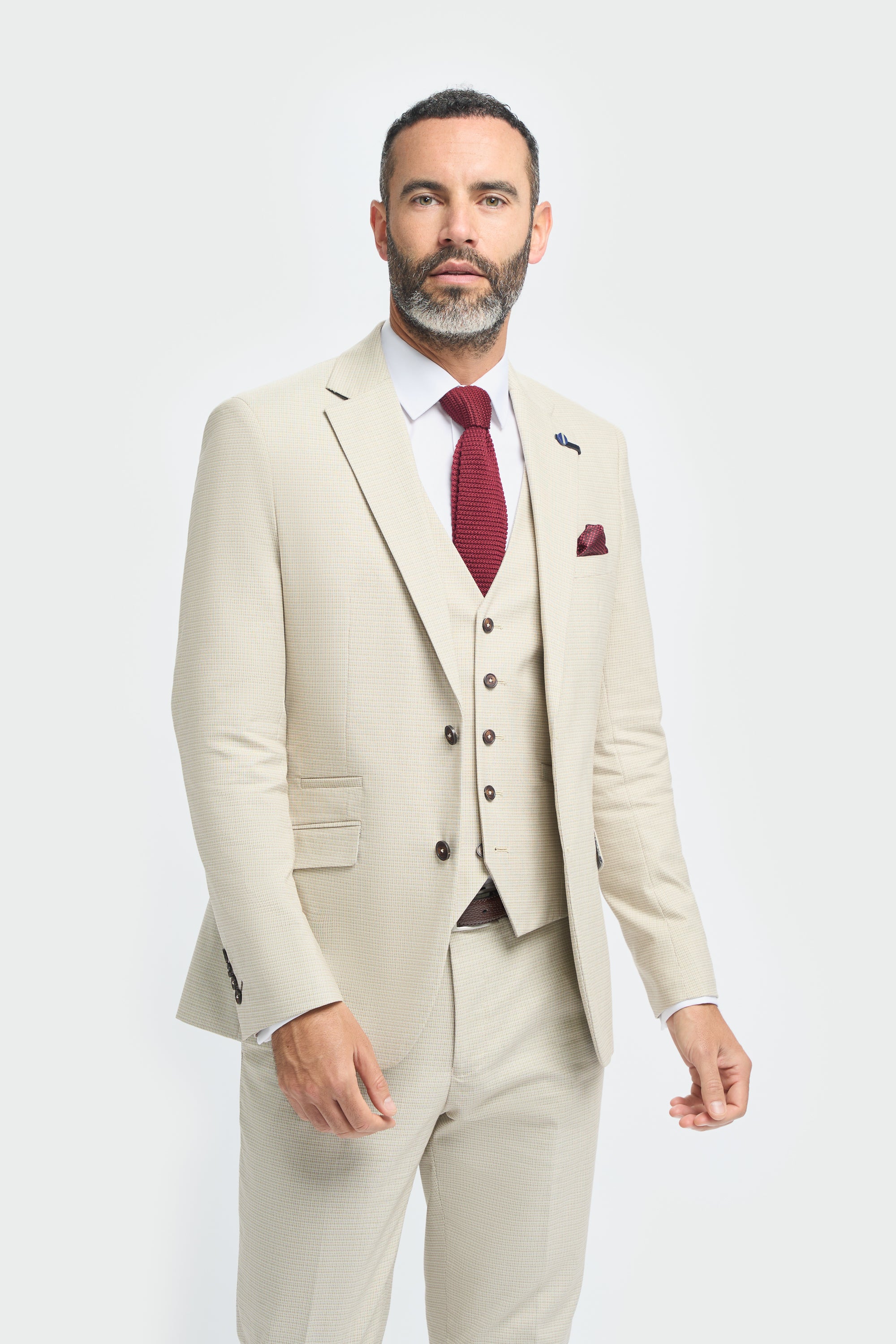 Men’s 3-Piece Beige Cotton Microcheck Suit - Hampton Model Picture