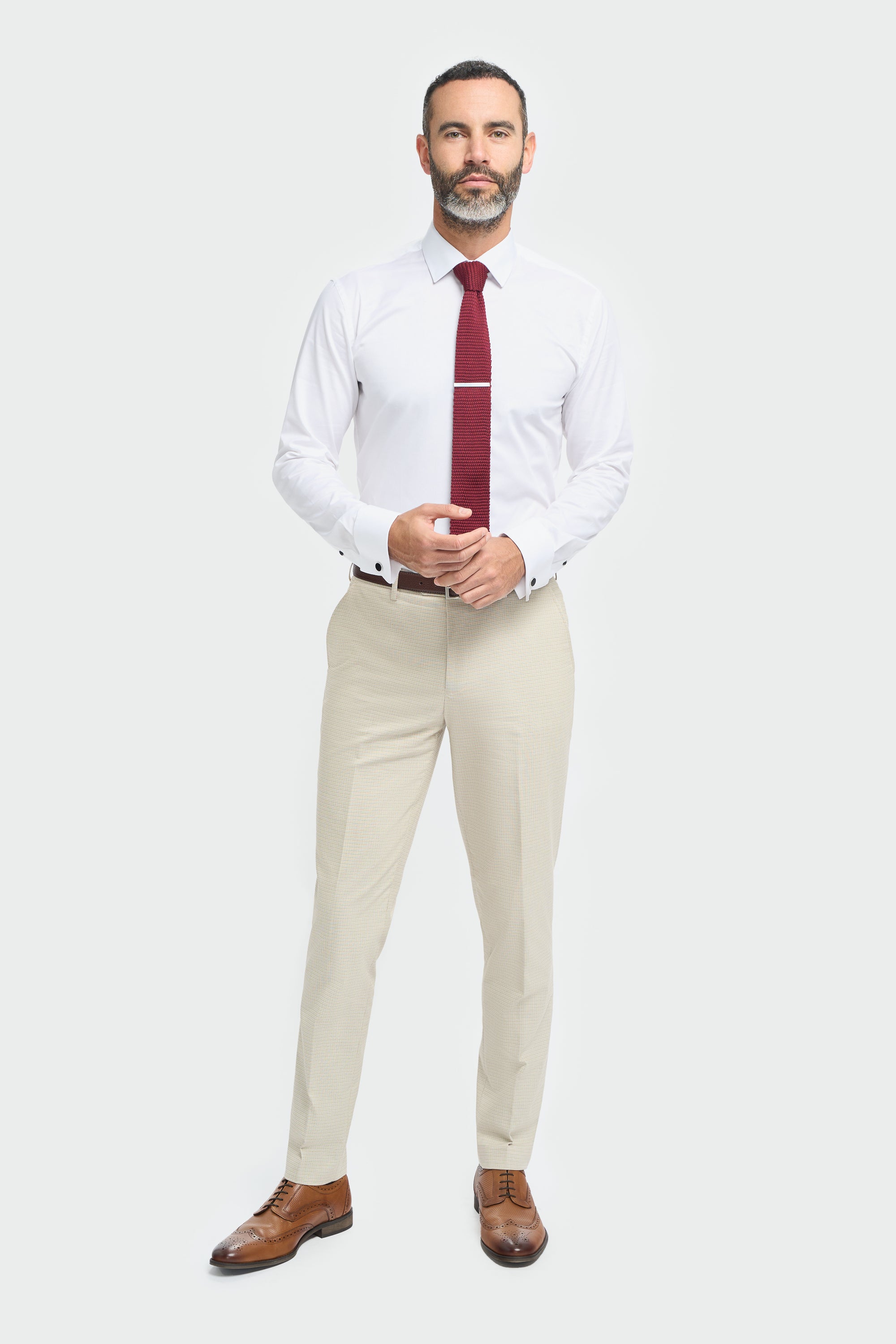 Men’s 3-Piece Beige Cotton Microcheck Suit - Hampton Model Trousers Picture