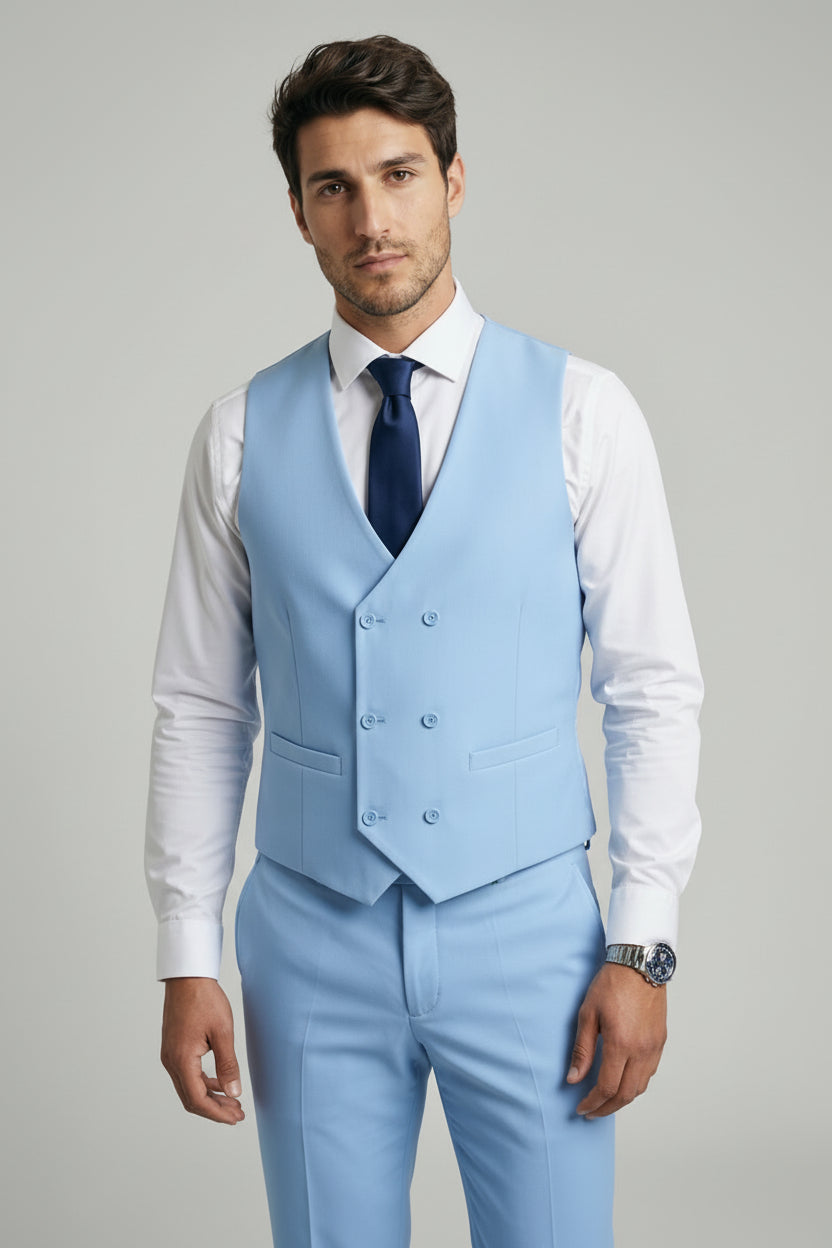 Men’s 3-Piece Formal Suit with Double Breasted Waistcoat - Karter - Pale Blue Waistcoat Picture