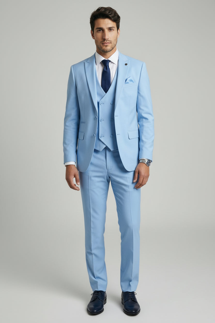 Men’s 3-Piece Formal Suit with Double Breasted Waistcoat - Karter - Pale Blue Model Front Picture