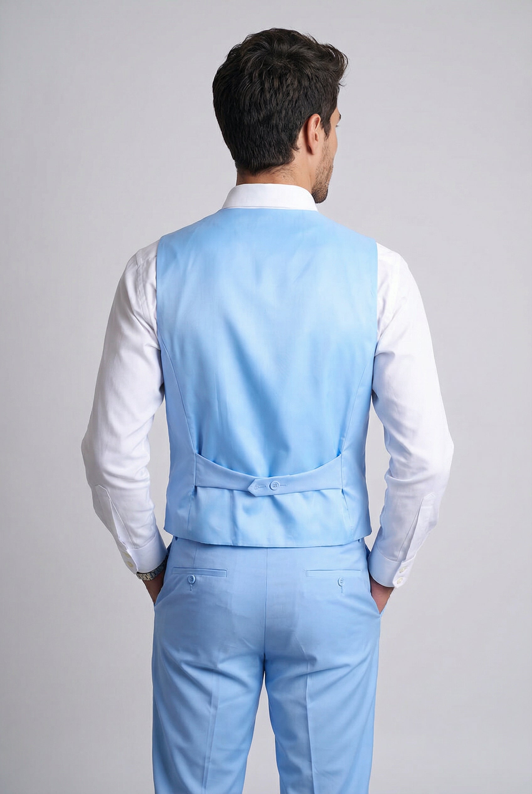 Men’s 3-Piece Formal Suit with Double Breasted Waistcoat - Karter - Pale Blue Waistcoat Back Picture