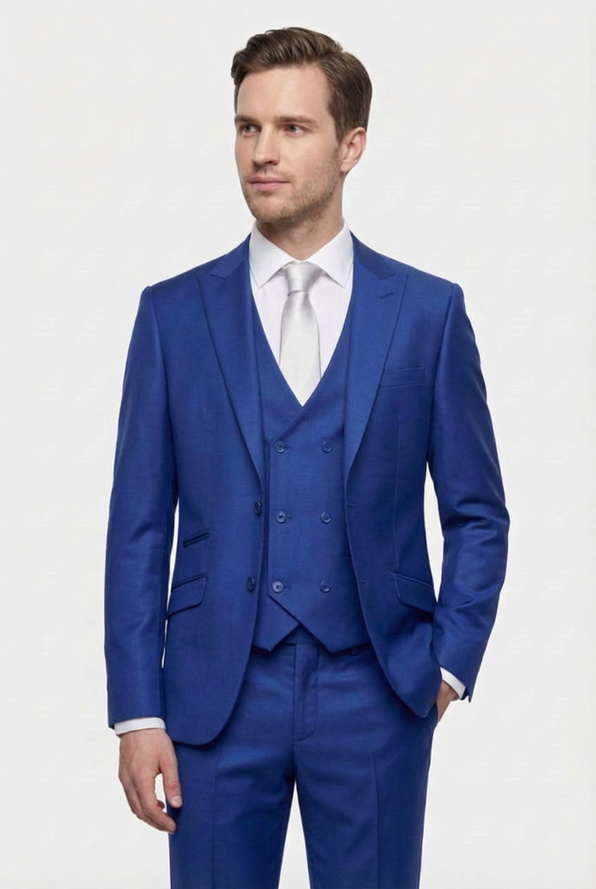 Men’s 3-Piece Formal Suit with Double Breasted Waistcoat - Roman - Blue
