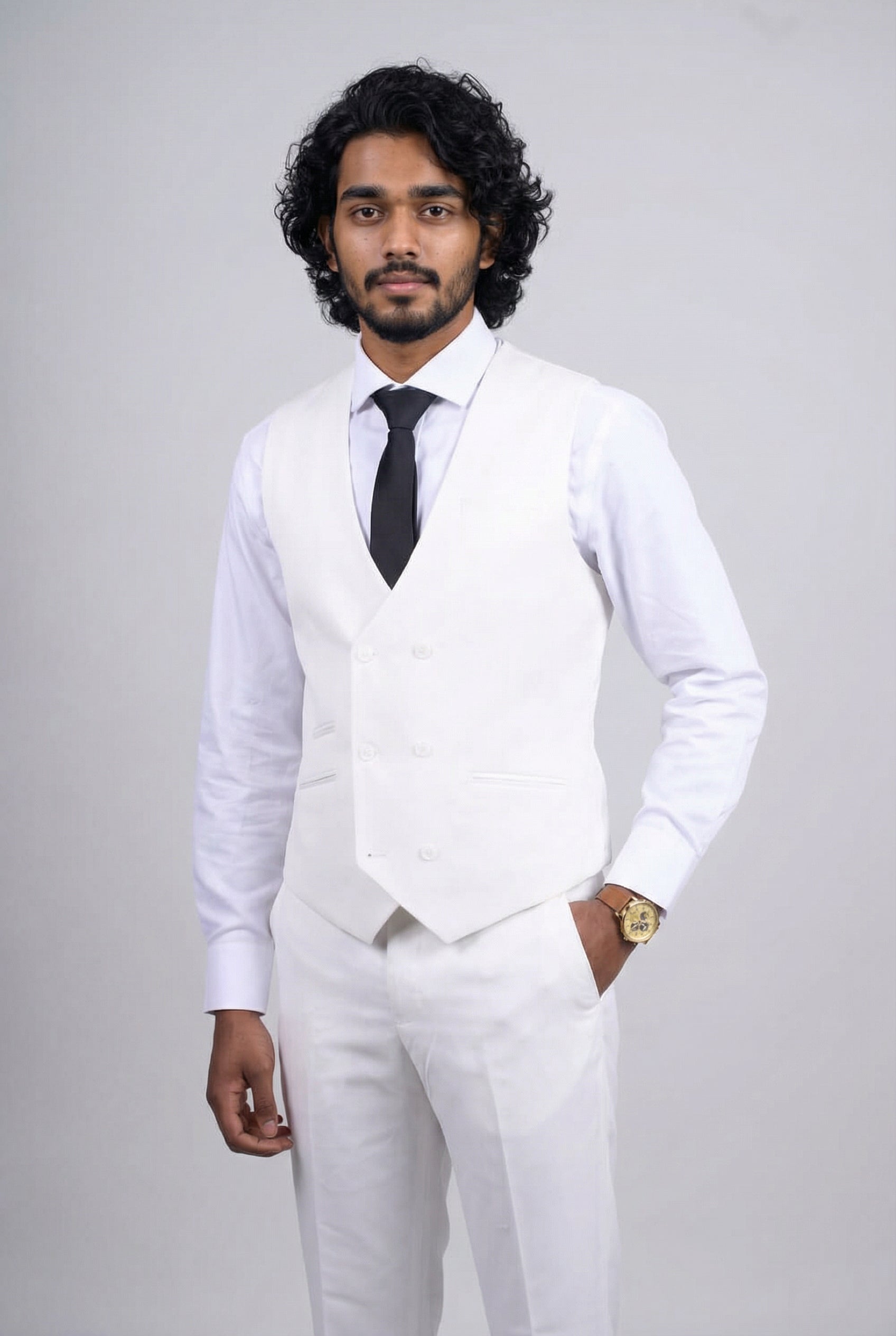 Men’s 3-Piece Formal Suit with Double Breasted Waistcoat - Santiago - Off White Model Waistcoat  Picture