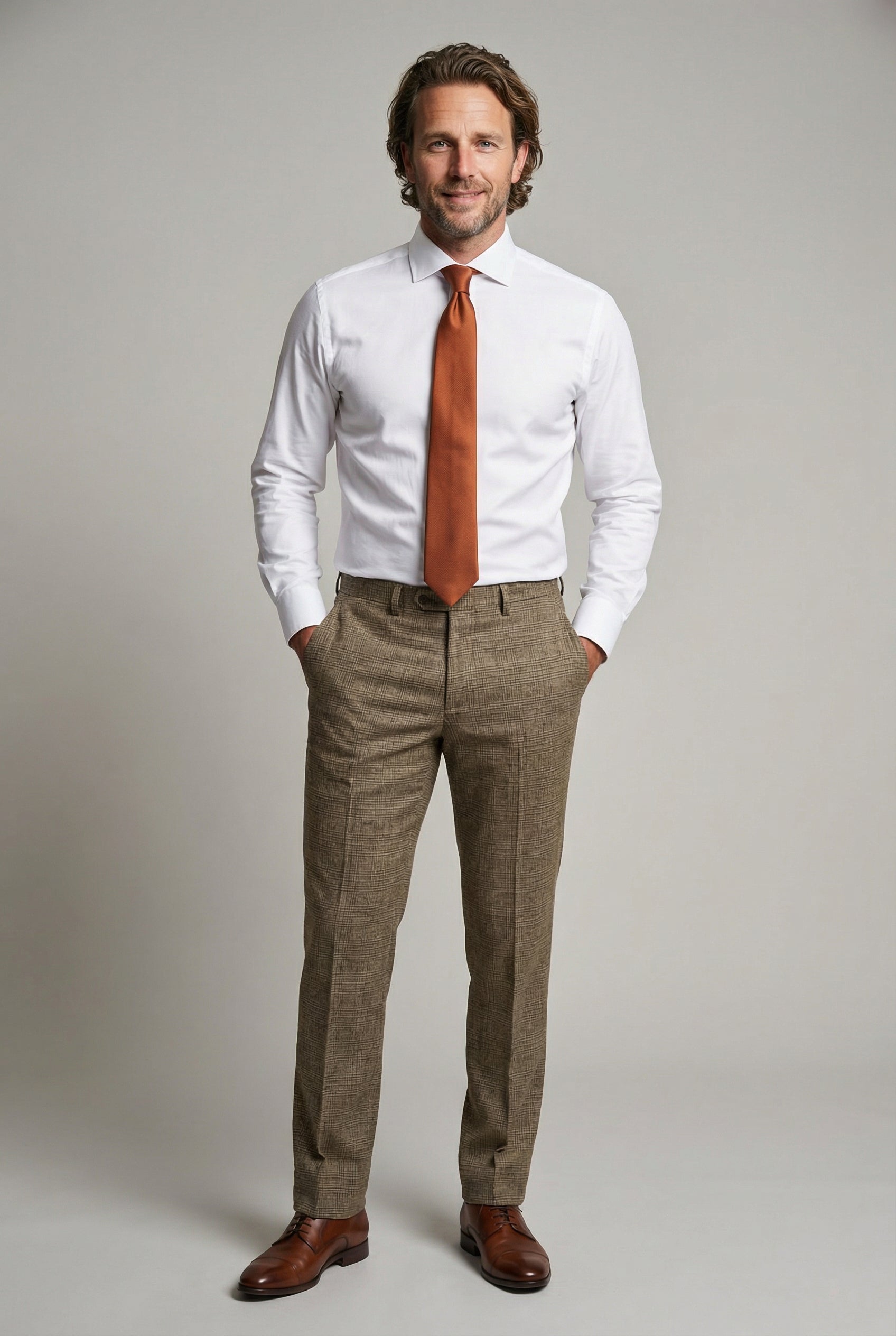 Men’s 3-Piece Glen Check Dress Trousers - Parker - Tan Brown Model Picture
