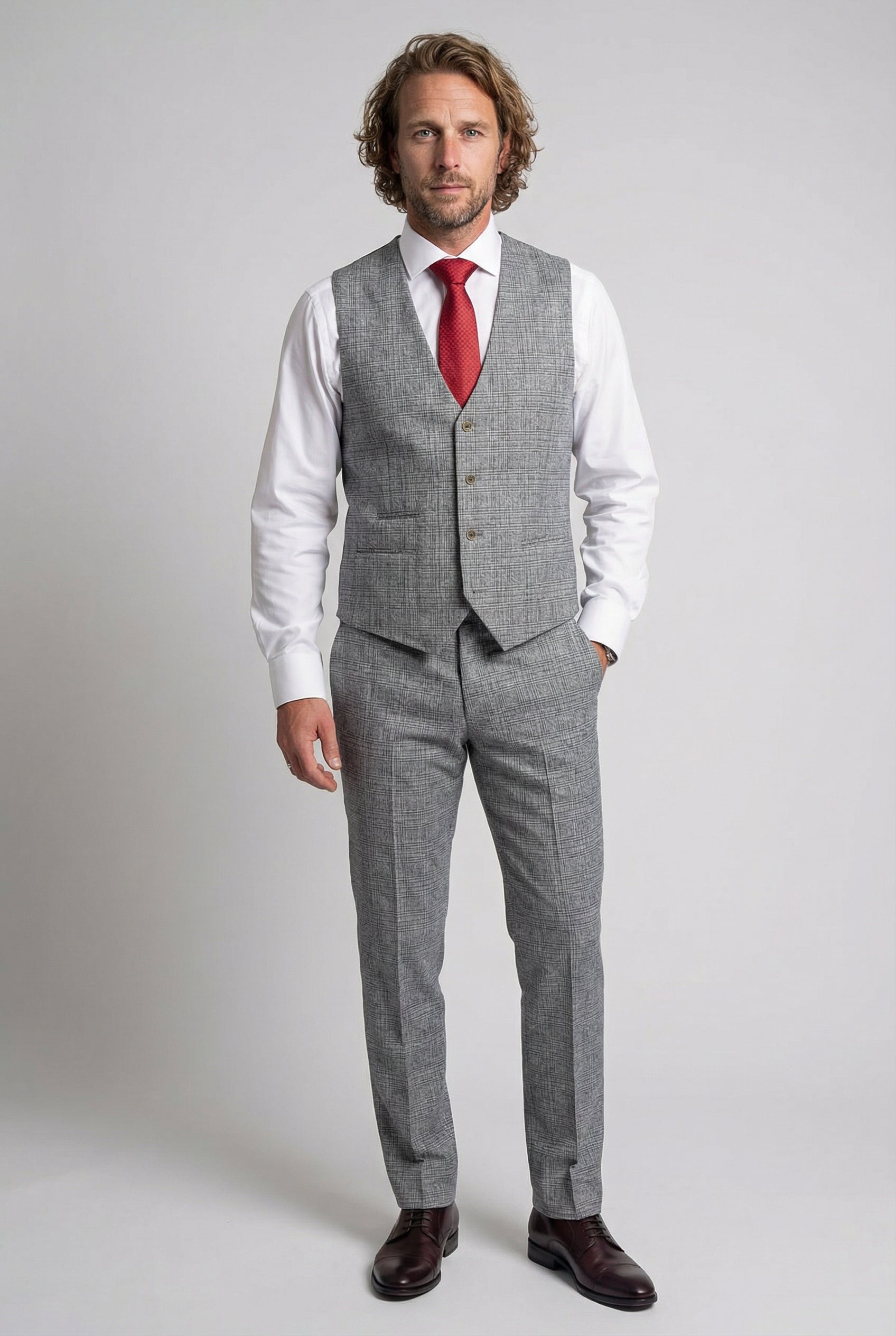 Men’s 3-Piece Glen Check Suit - Parker - Stone Grey Waistcoat Front Picture