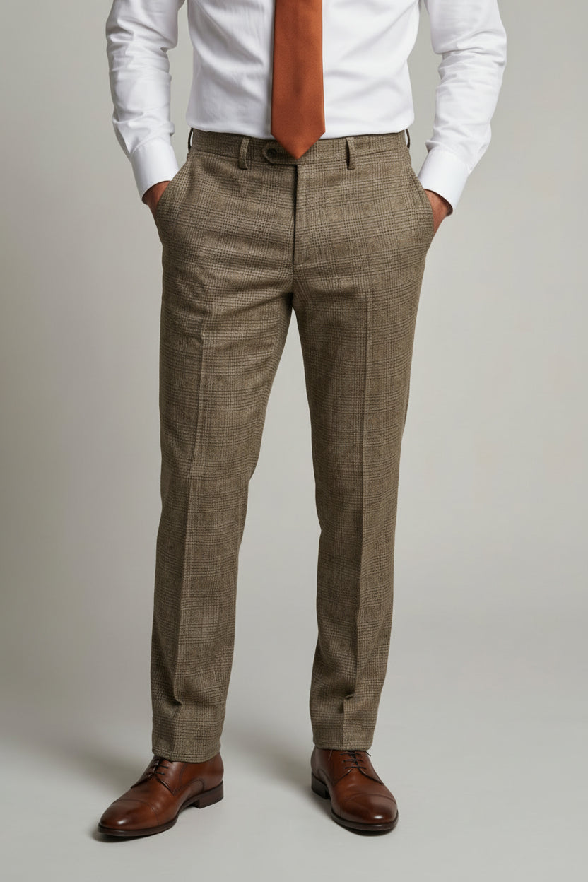 Men’s 3-Piece Glen Check Suit - Parker - Tan Brown Trousers Picture 
