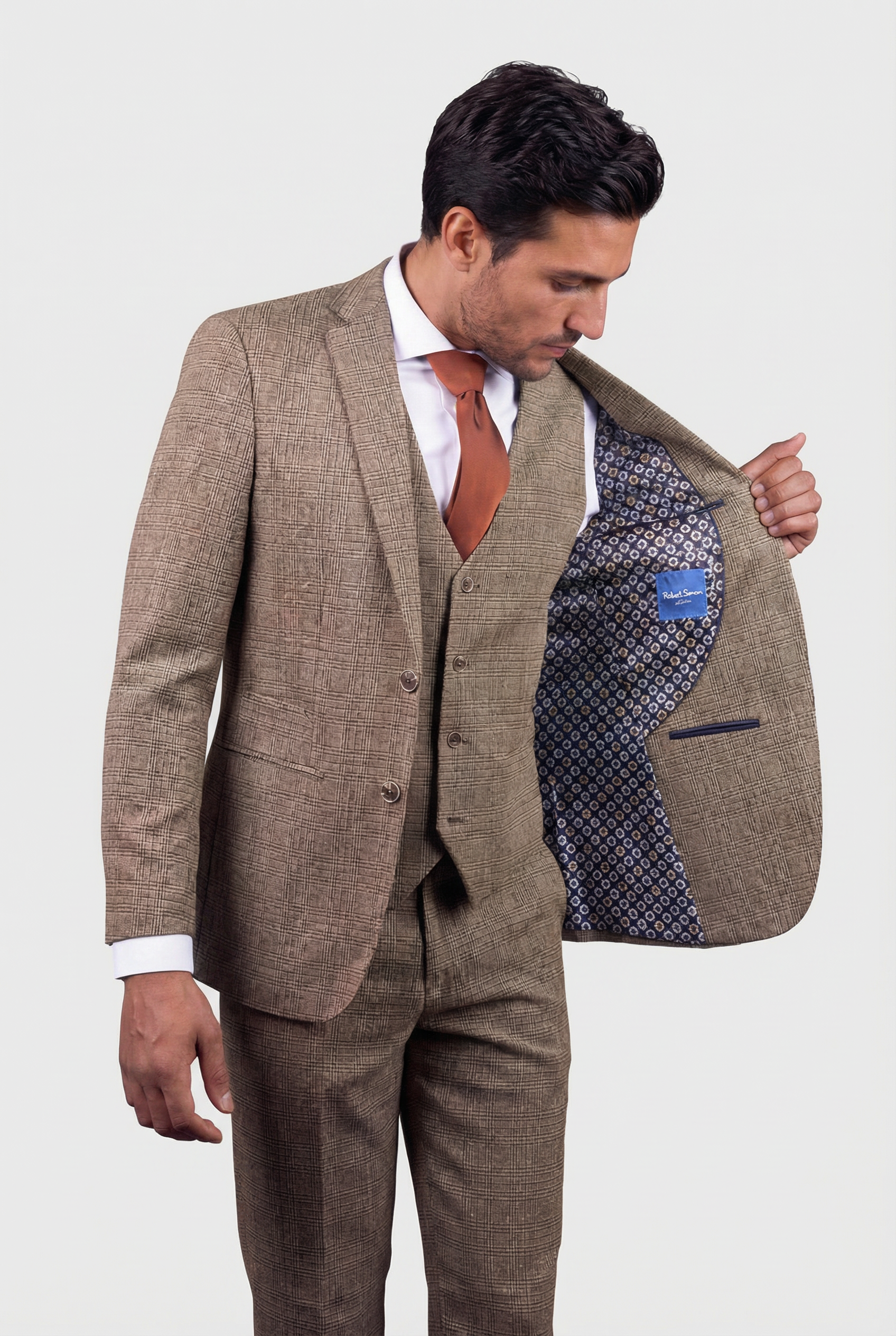 Men’s 3-Piece Glen Check Suit - Parker - Tan Brown