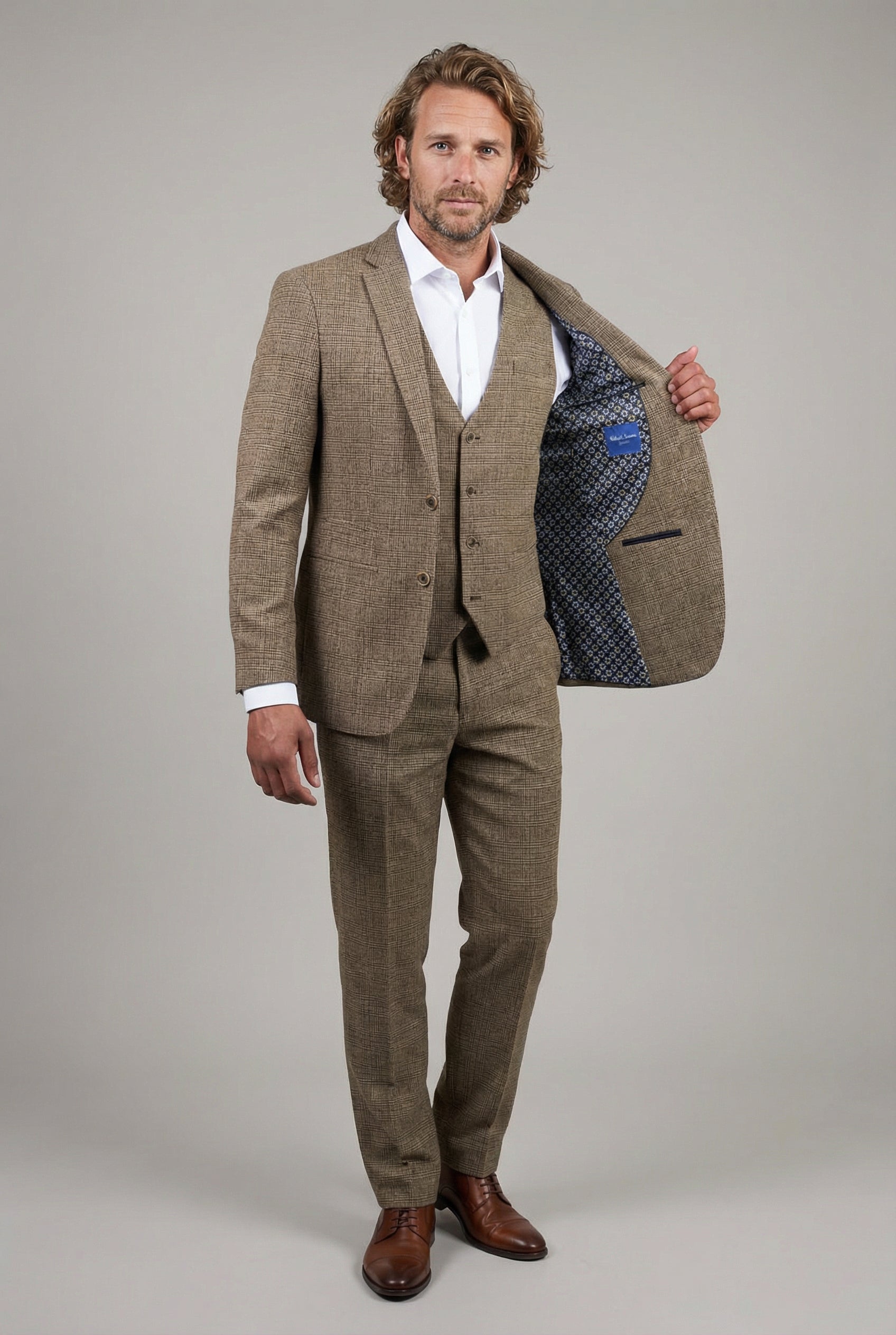Men’s 3-Piece Glen Check Suit - Parker - Tan BrownLinning Pictyre