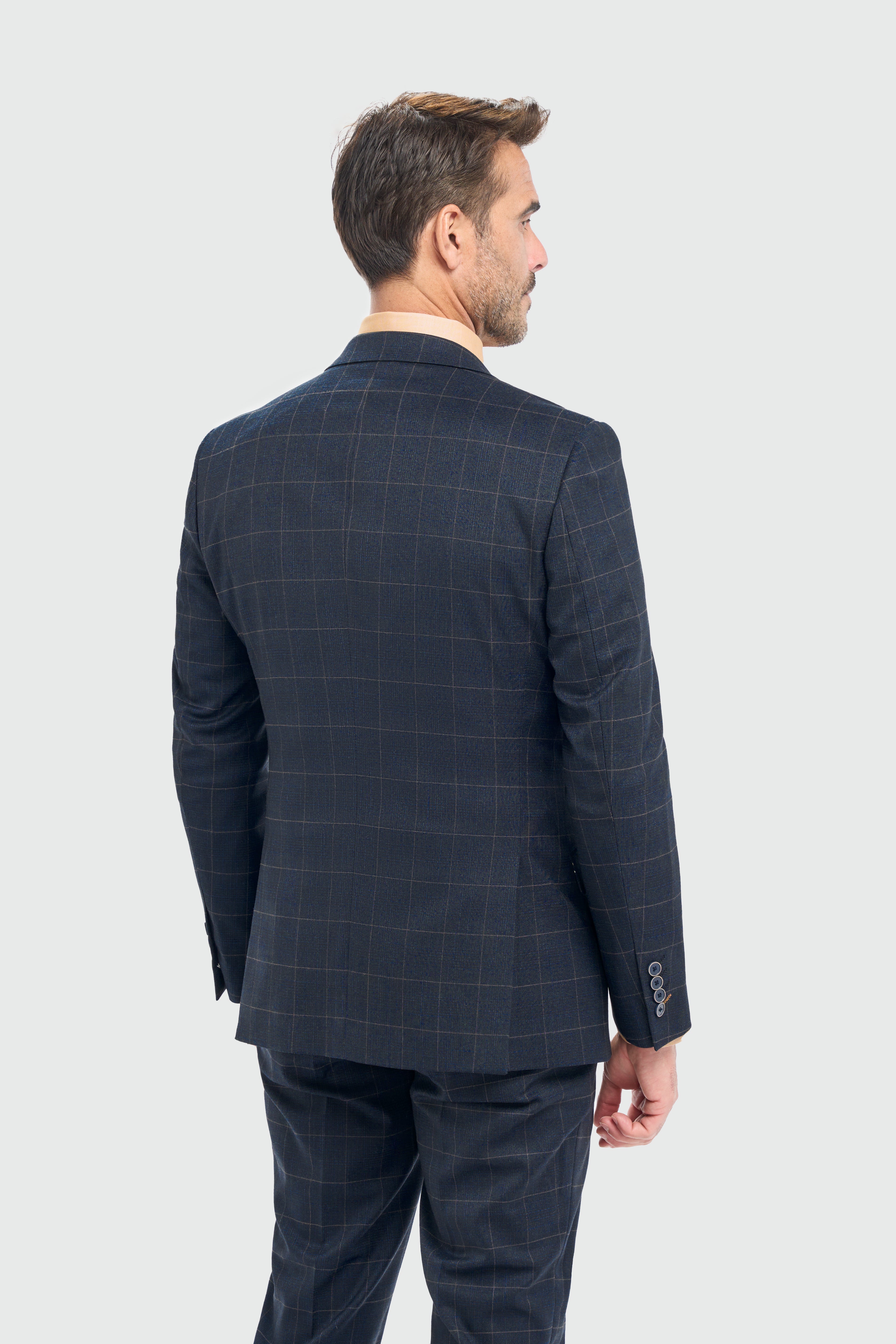 Men’s 3-Piece Navy Windowpane Check Suit - Torino - Navy Model Back Picture