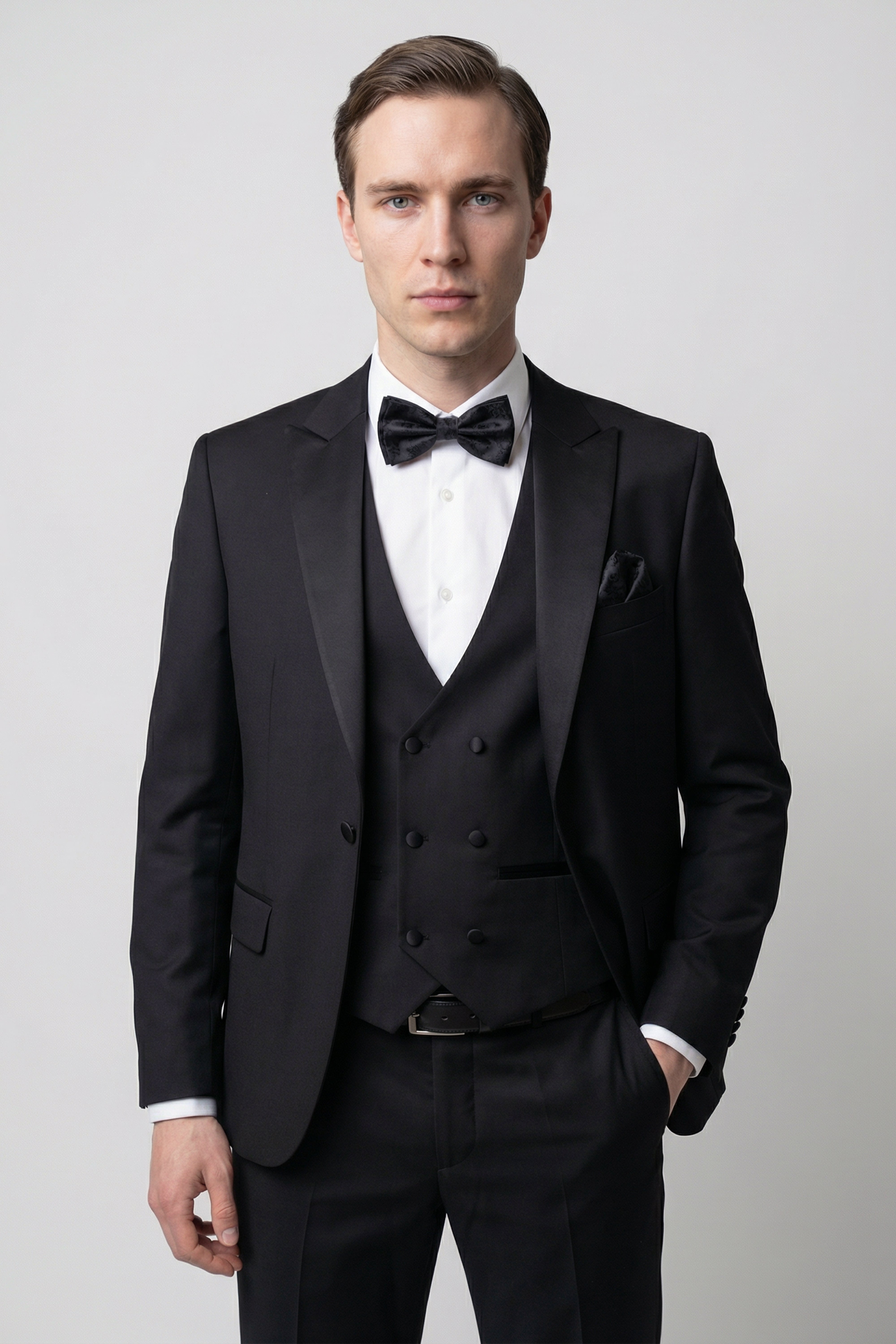Men’s 3-Piece Satin Lapel Tuxedo Suit with Double Breasted Waistcoat - Black Model Picture