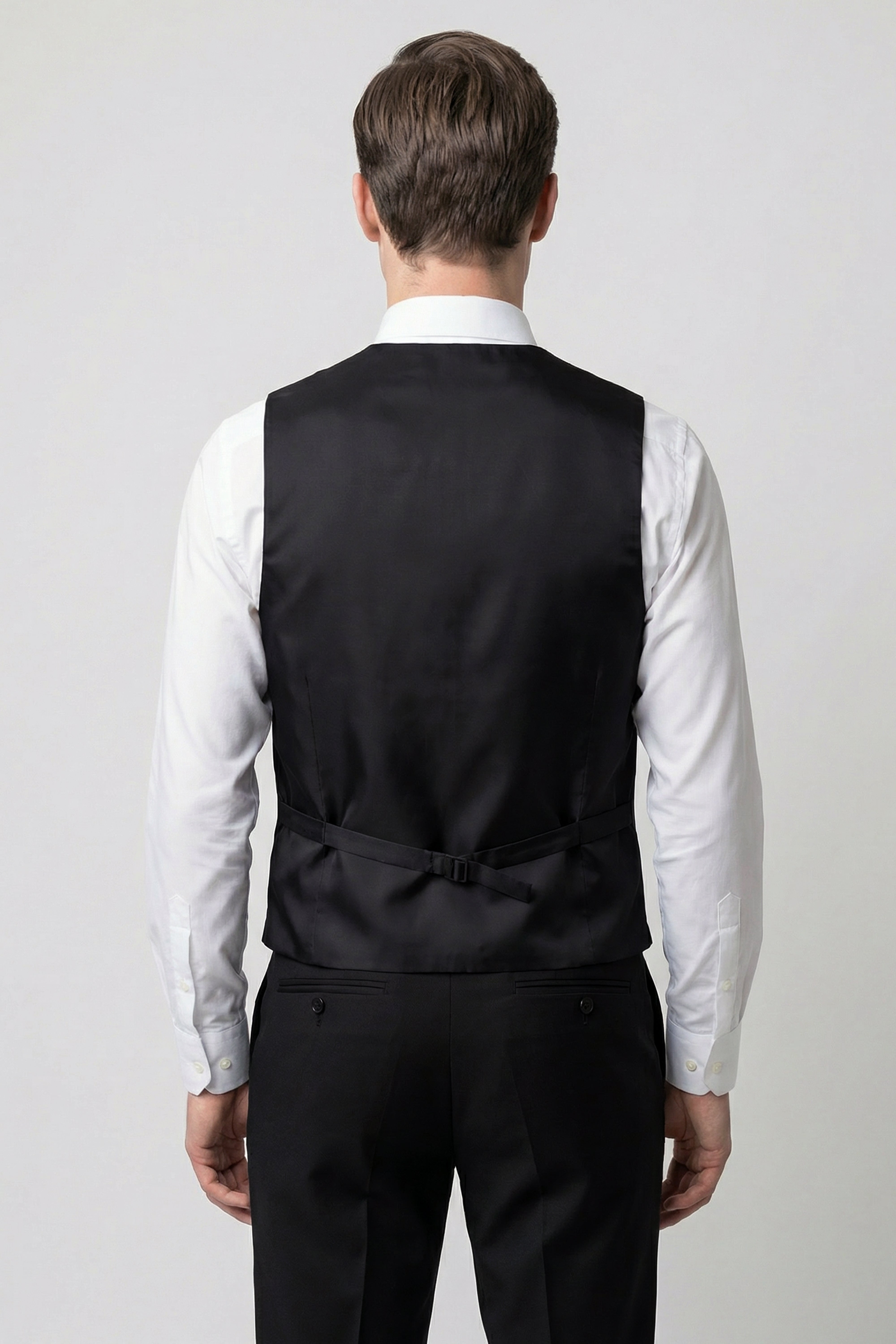 Men’s 3-Piece Satin Lapel Tuxedo Suit with Double Breasted Waistcoat - Black Model Waistcoat Back  Picture