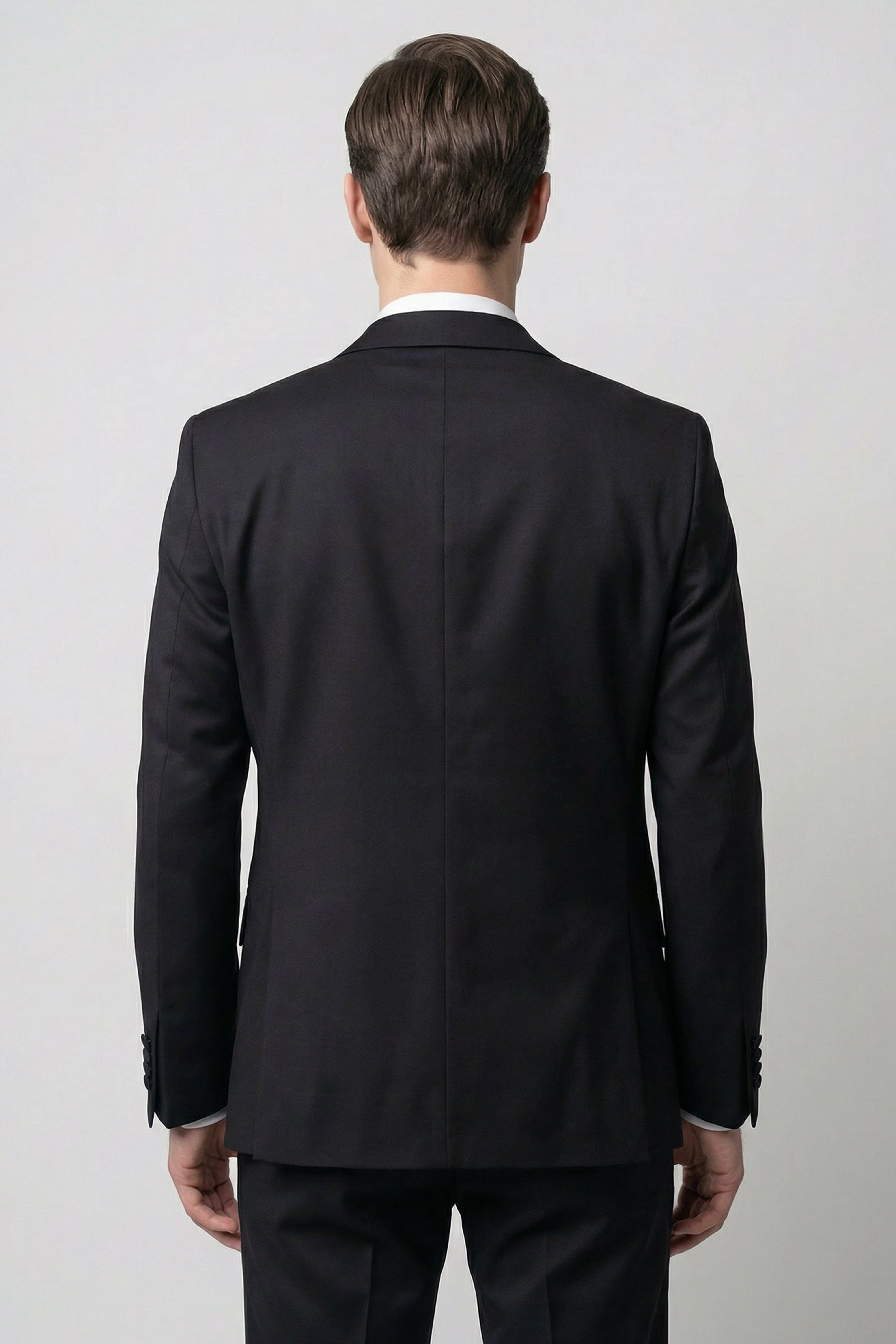 Men’s 3-Piece Satin Lapel Tuxedo Suit with Double Breasted Waistcoat - Black  Model Back Picture