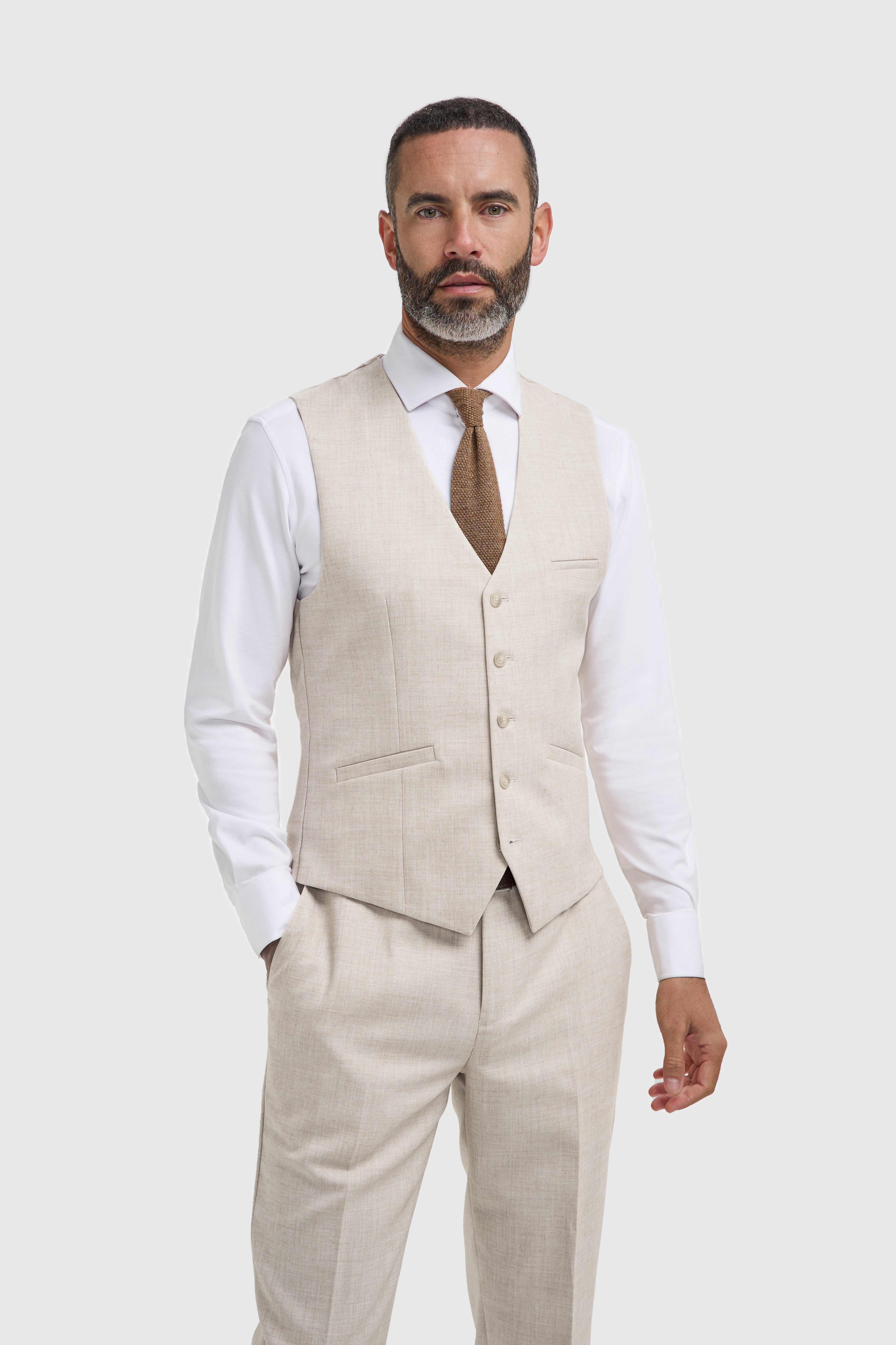 Men’s 3-Piece Slim Fit Formal Suit - Malibu - Beige Waistcoat Front Picture