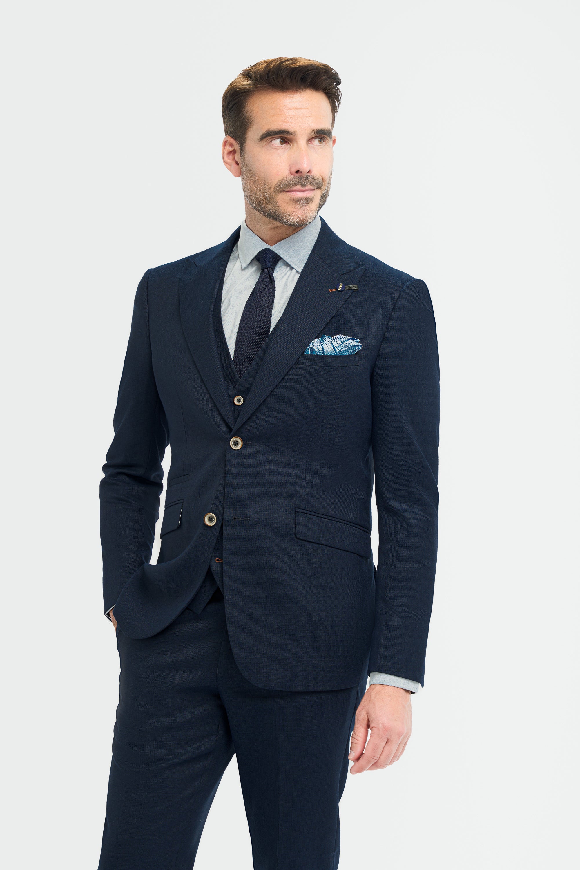 Men’s 3-Piece Slim Fit Textured Formal Suit - Tropez - Navy Blue Model Picture