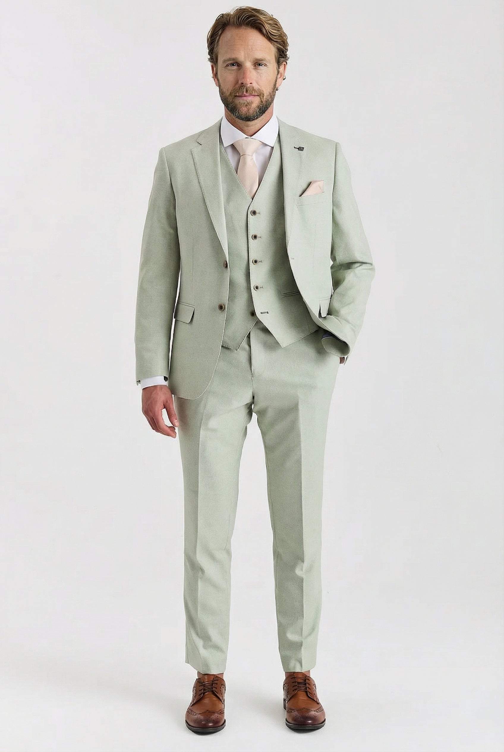 Men’s 3-Piece Tailored Fit Formal Suit - Belmont - Sage Green Model Picture