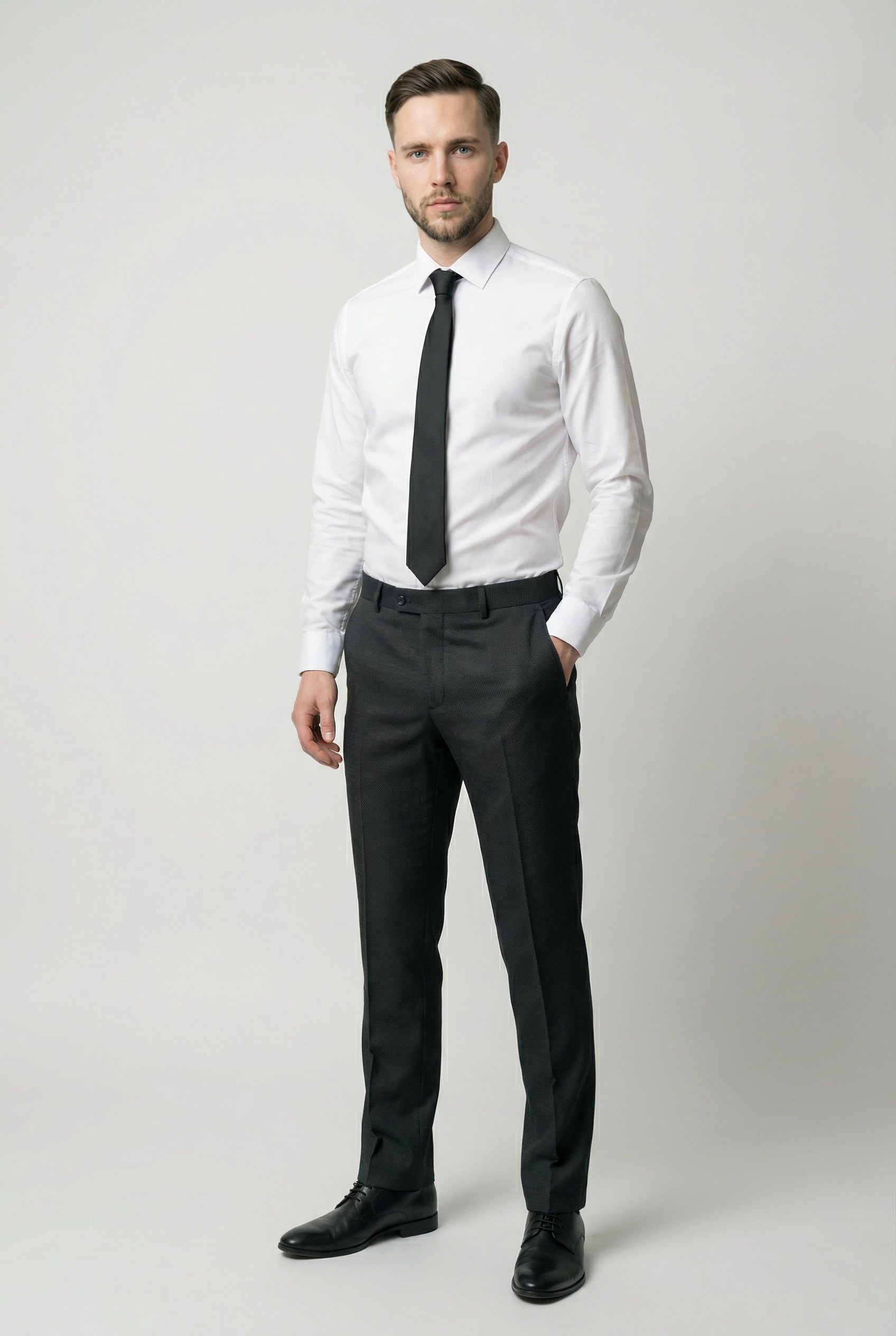 Men’s 3-Piece Textured Suit with Double-Breasted Waistcoat - CORE - Black Trousers Picture