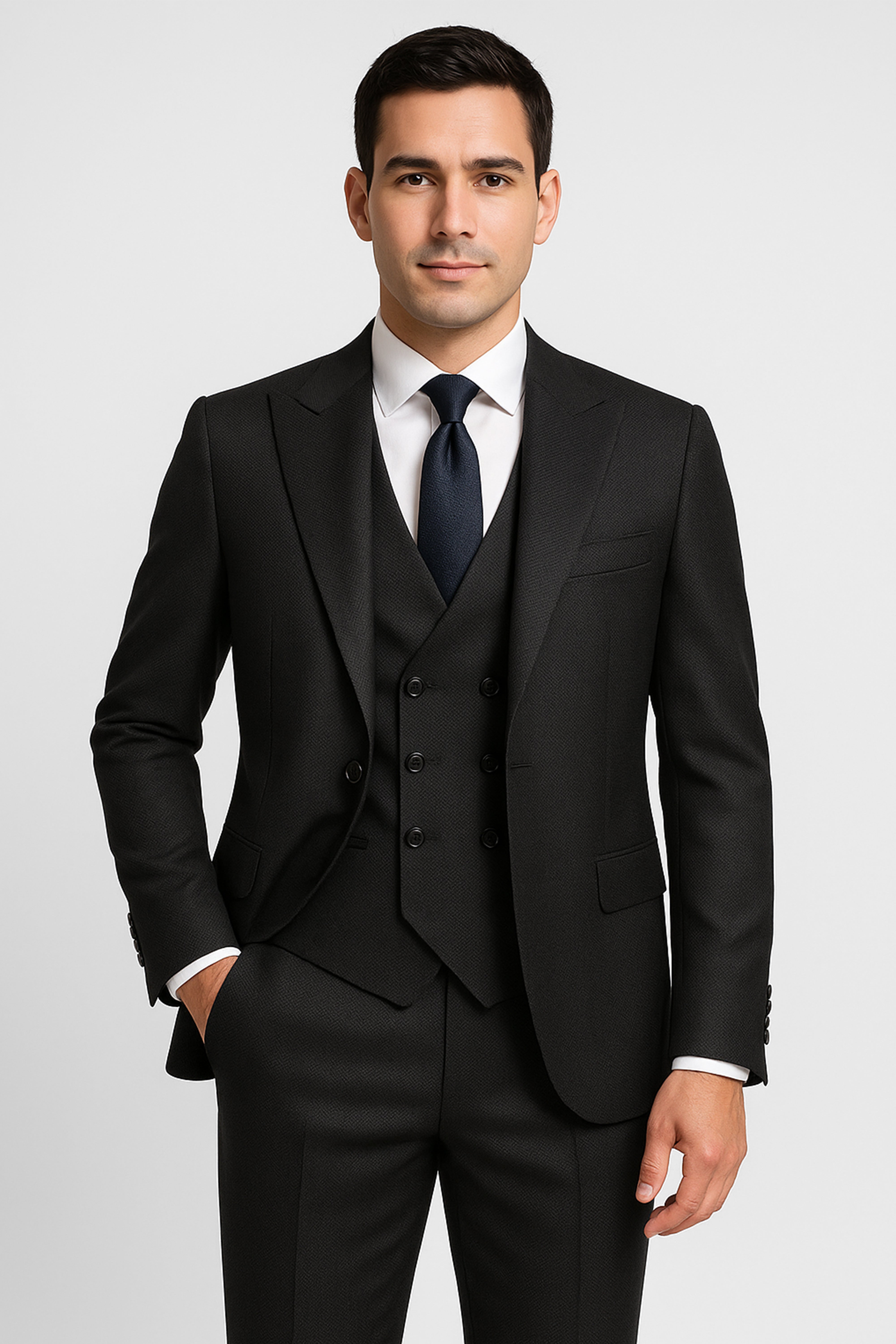 Men’s 3-Piece Textured Suit with Double-Breasted Waistcoat - CORE - Black
