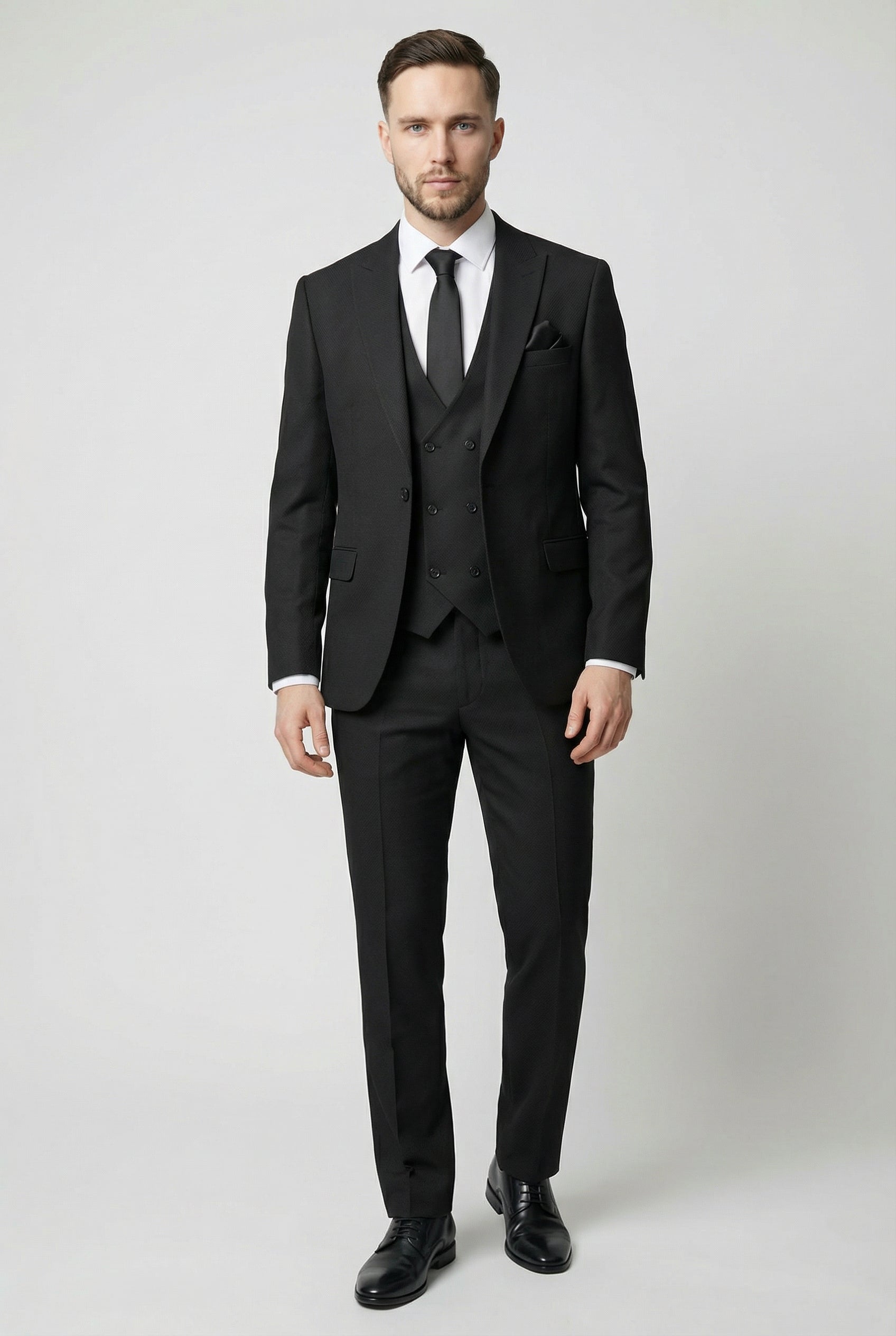 Men’s 3-Piece Textured Suit with Double-Breasted Waistcoat - CORE - Black.