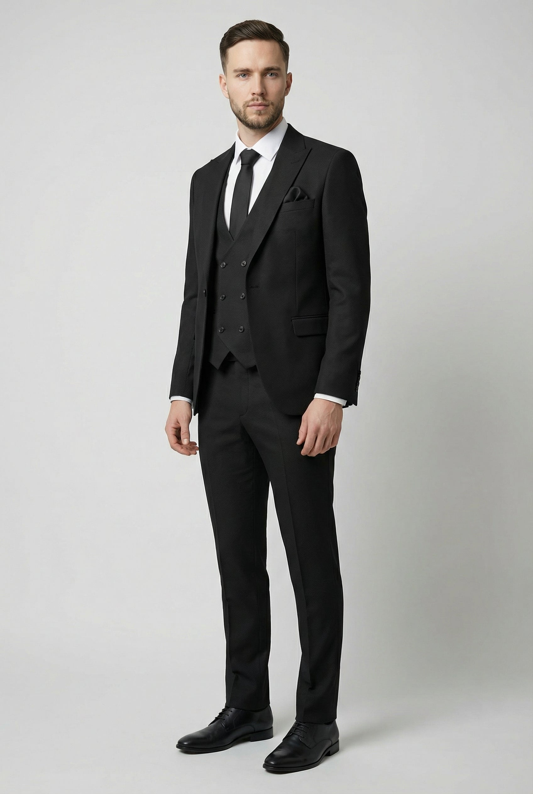 Men’s 3-Piece Textured Suit with Double-Breasted Waistcoat - CORE - Black Side Picture