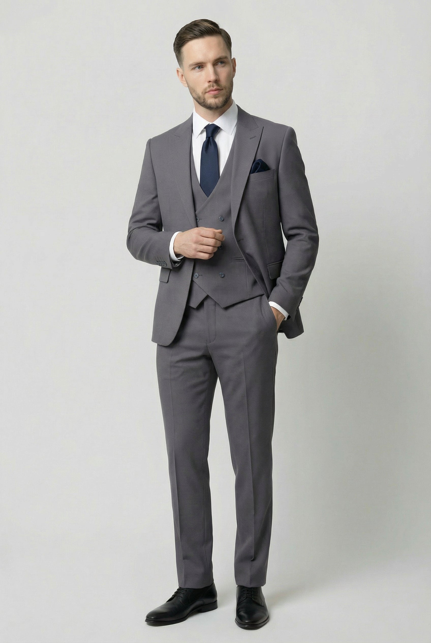 Men’s 3-Piece Textured Suit with Double-Breasted Waistcoat - CORE - Grey Model Front Picture