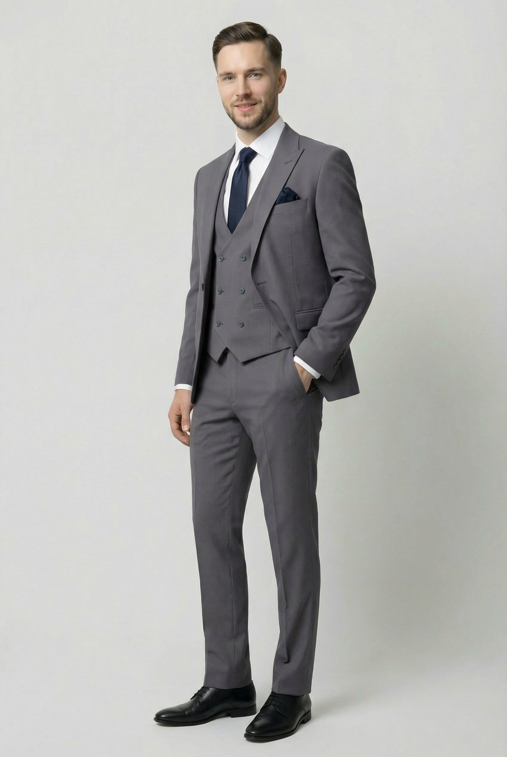 Men’s 3-Piece Textured Suit with Double-Breasted Waistcoat - CORE - Grey