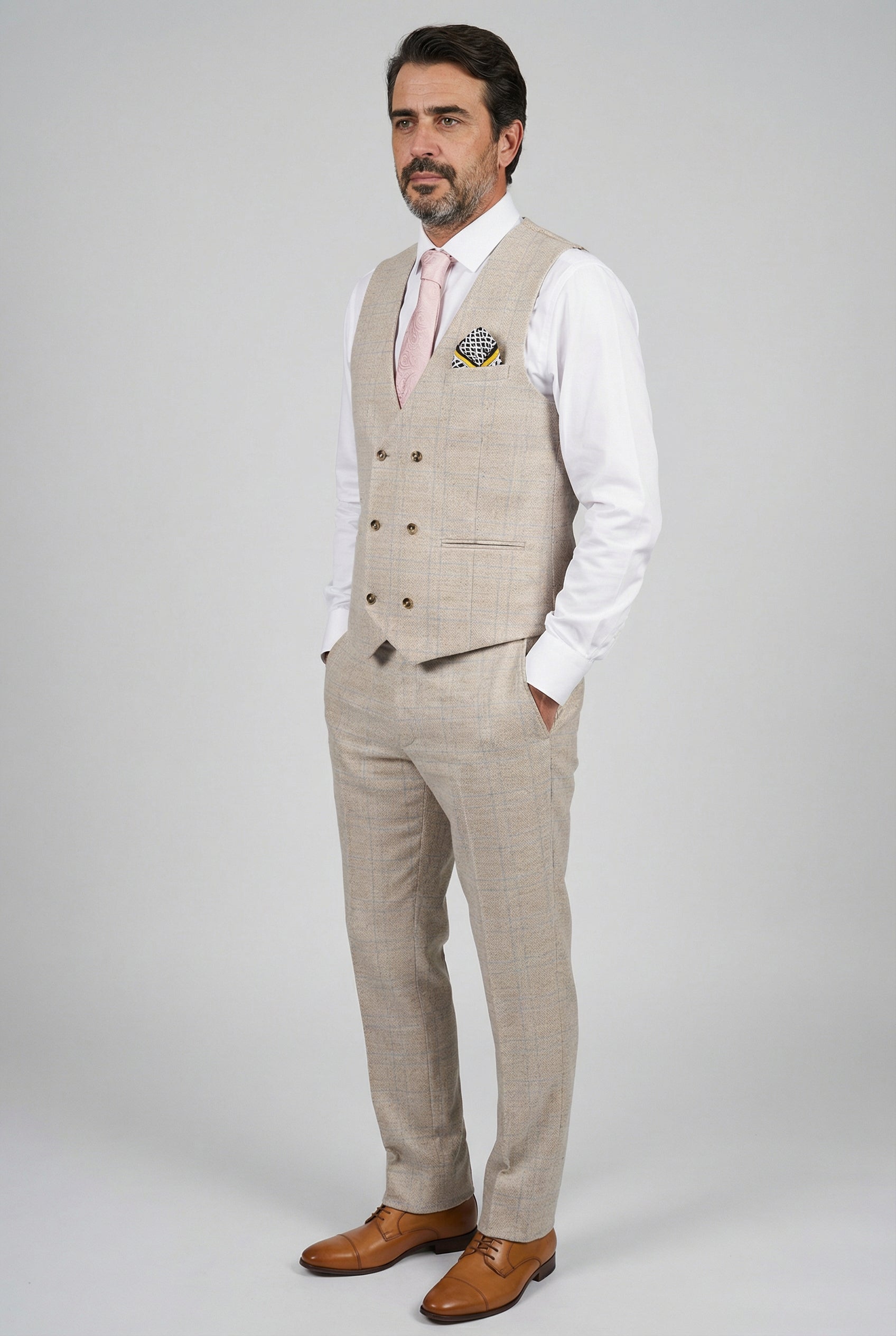 Men’s 3-Piece Tweed Like Glen Check Suit - Luis  - Beige