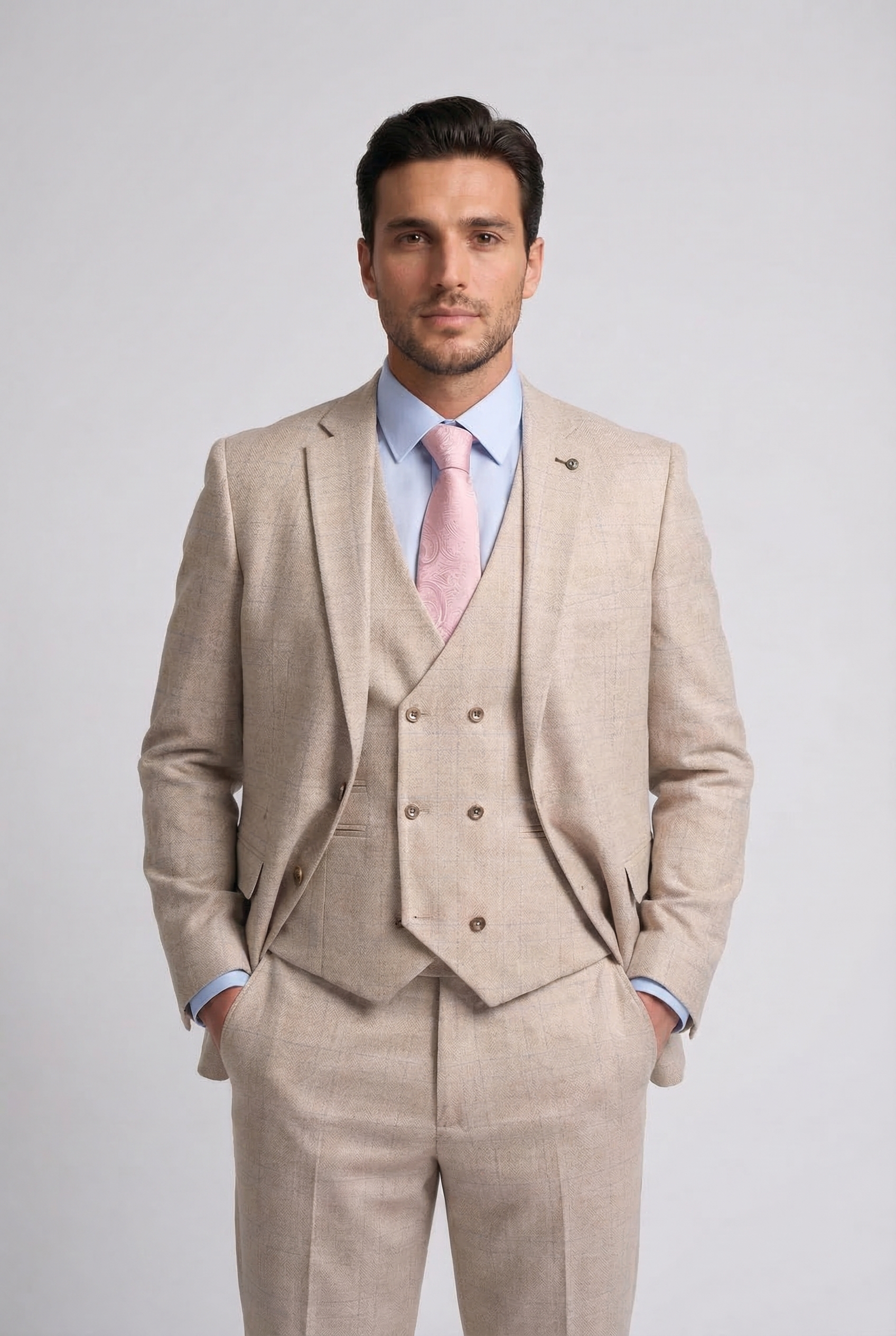 Men’s 3-Piece Tweed Like Glen Check Suit - Luis  - Beige