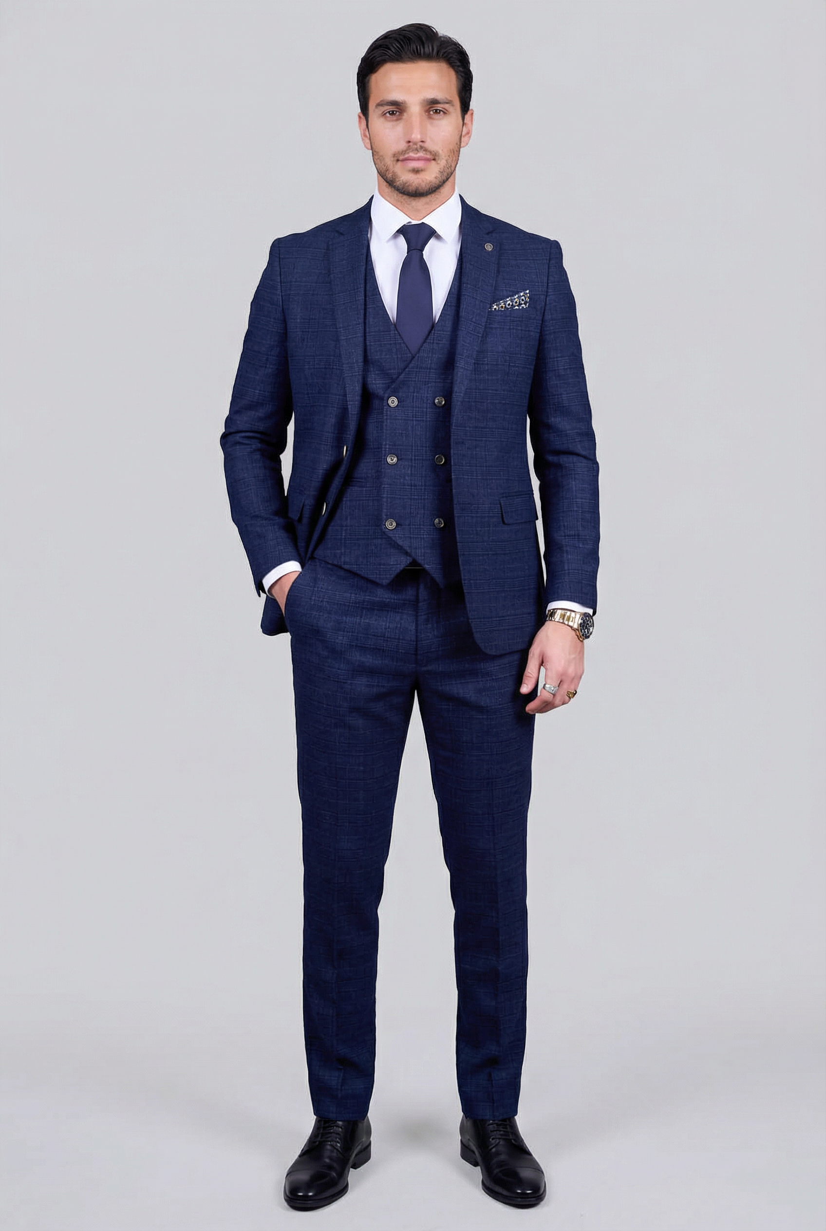 Men’s 3-Piece Tweed Like Glen Check Suit - Luis  - Navy