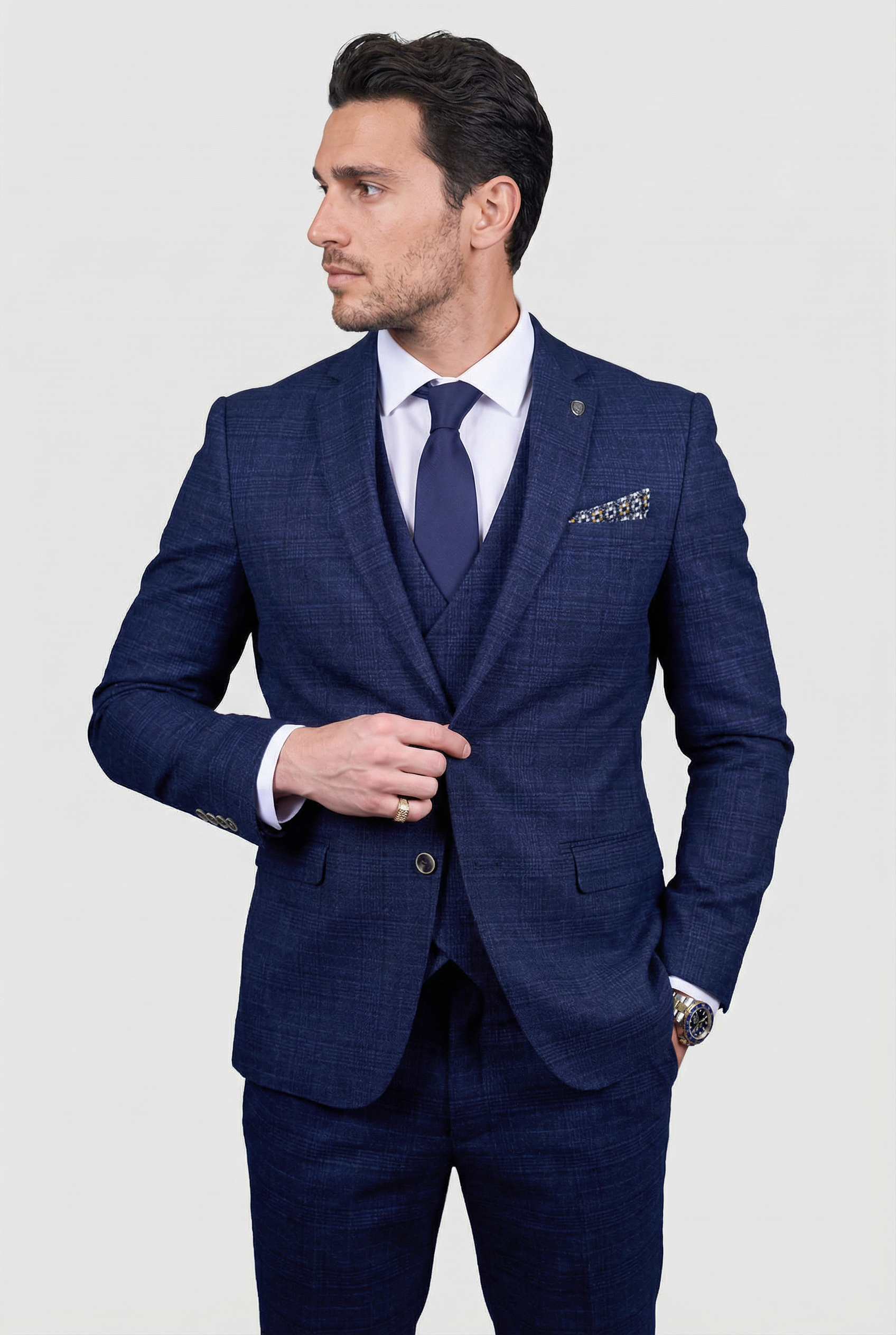 Men’s 3-Piece Tweed Like Glen Check Suit - Luis  - Navy