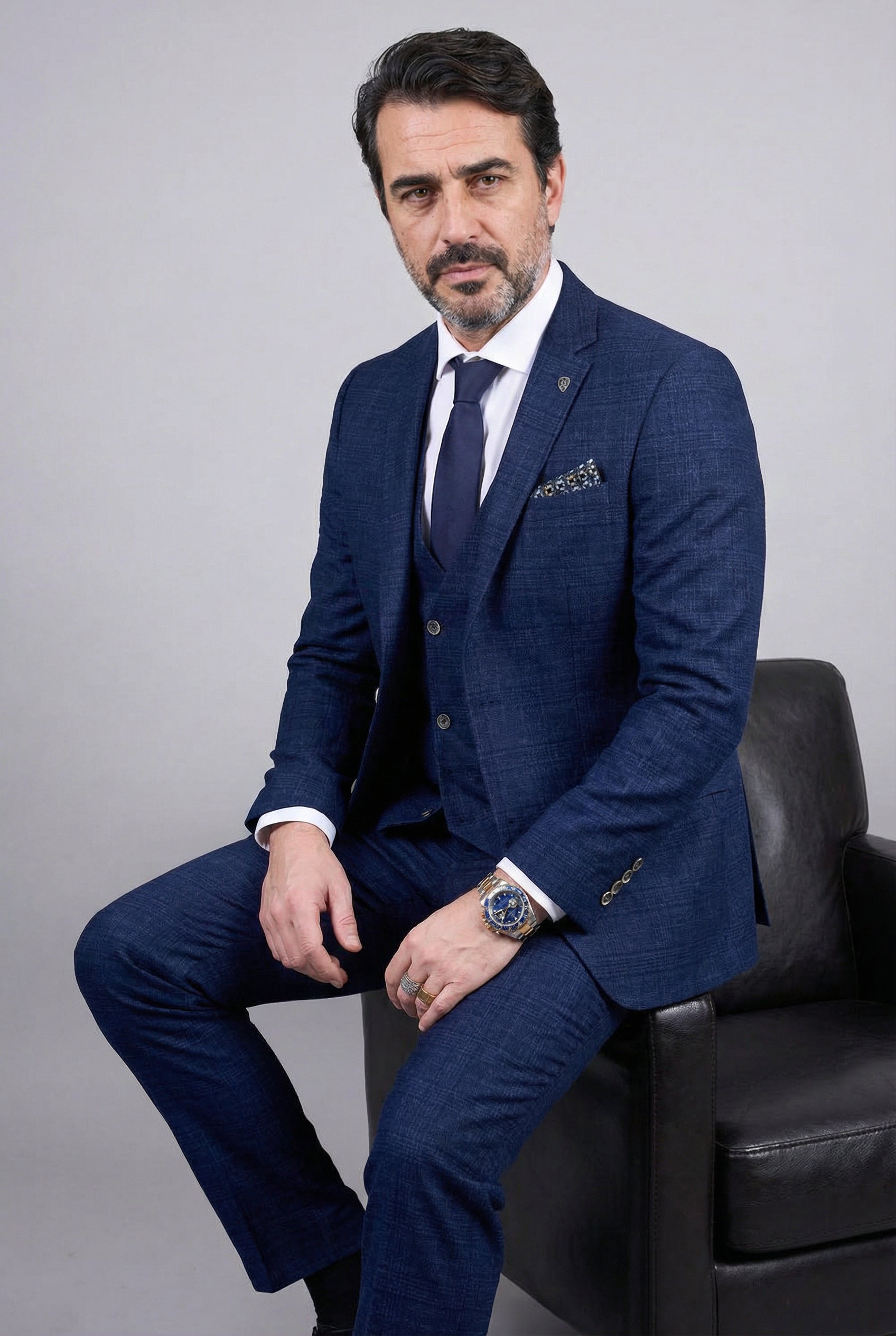 Men’s 3-Piece Tweed Like Glen Check Suit - Luis  - Navy