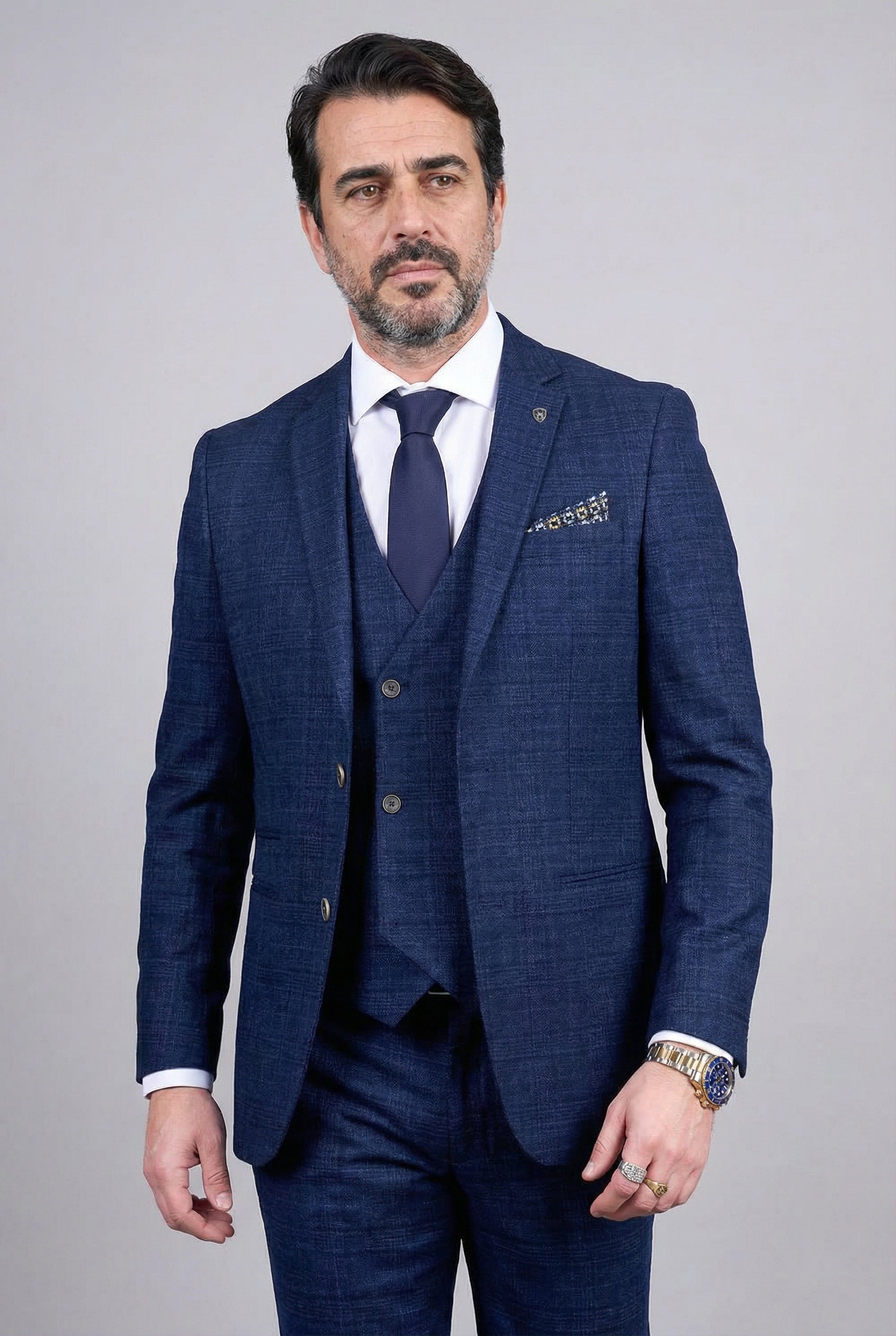 Men’s 3-Piece Tweed Like Glen Check Suit - Luis  - Navy