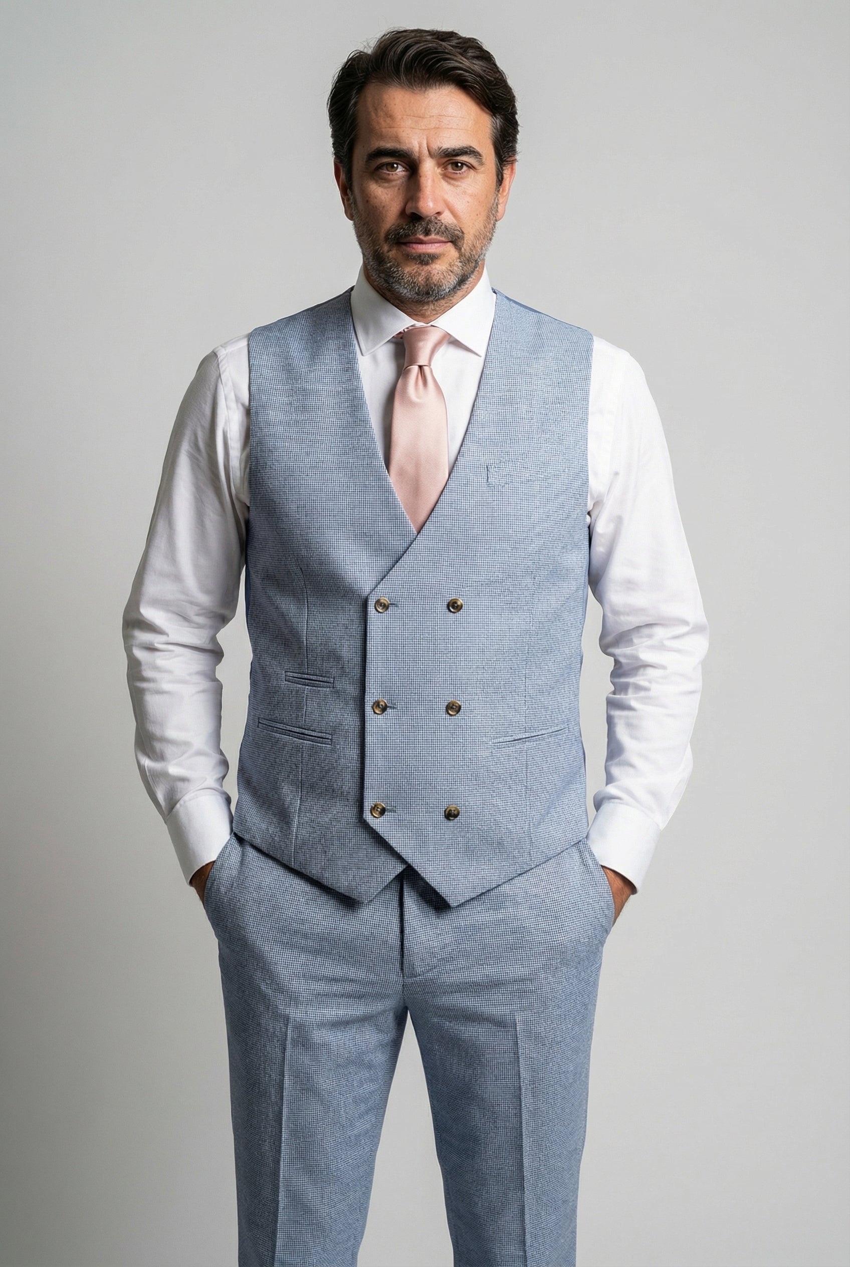 Men’s 3-Piece Tweed Like Glen Check Suit - Luis  - Pale Blue