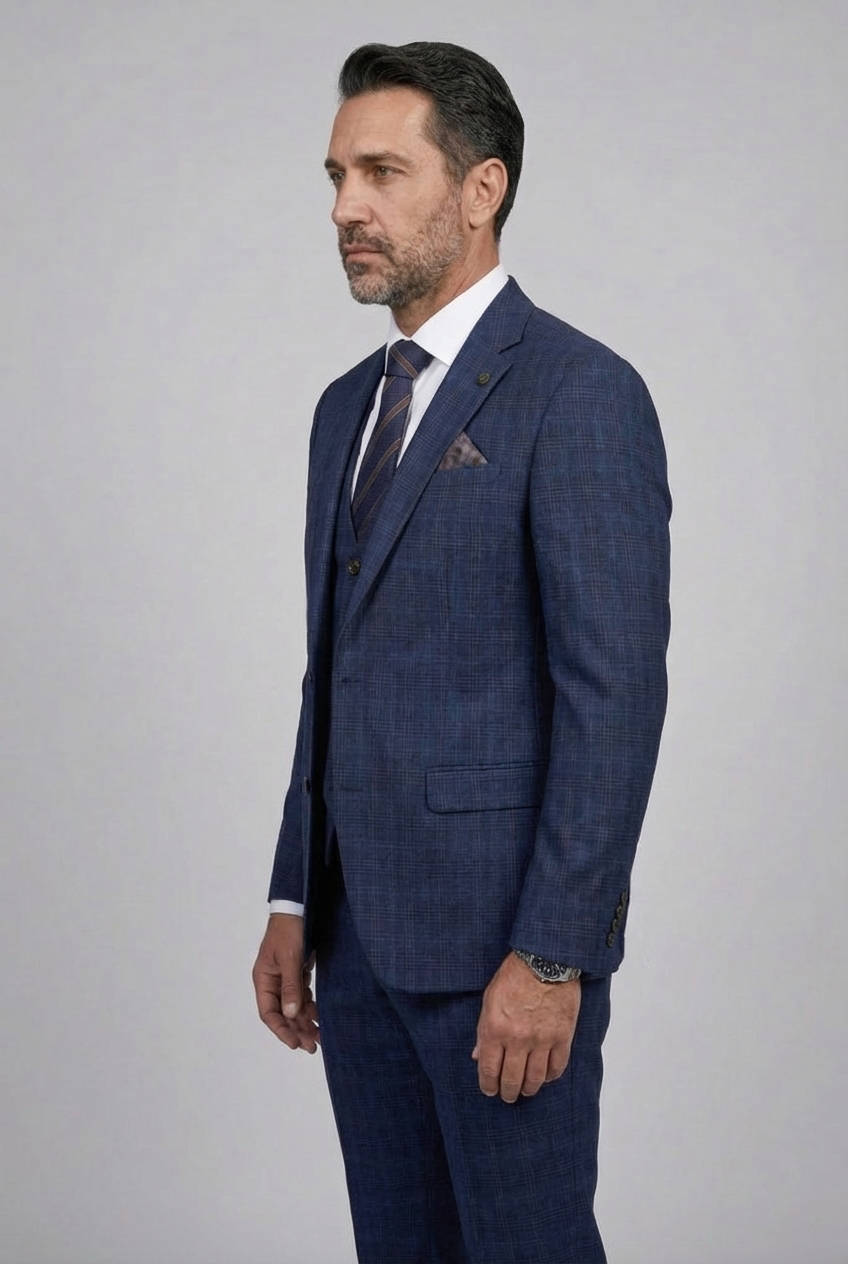 Men’s 3-Piece Windowpane Check Suit - Marcos - Navy