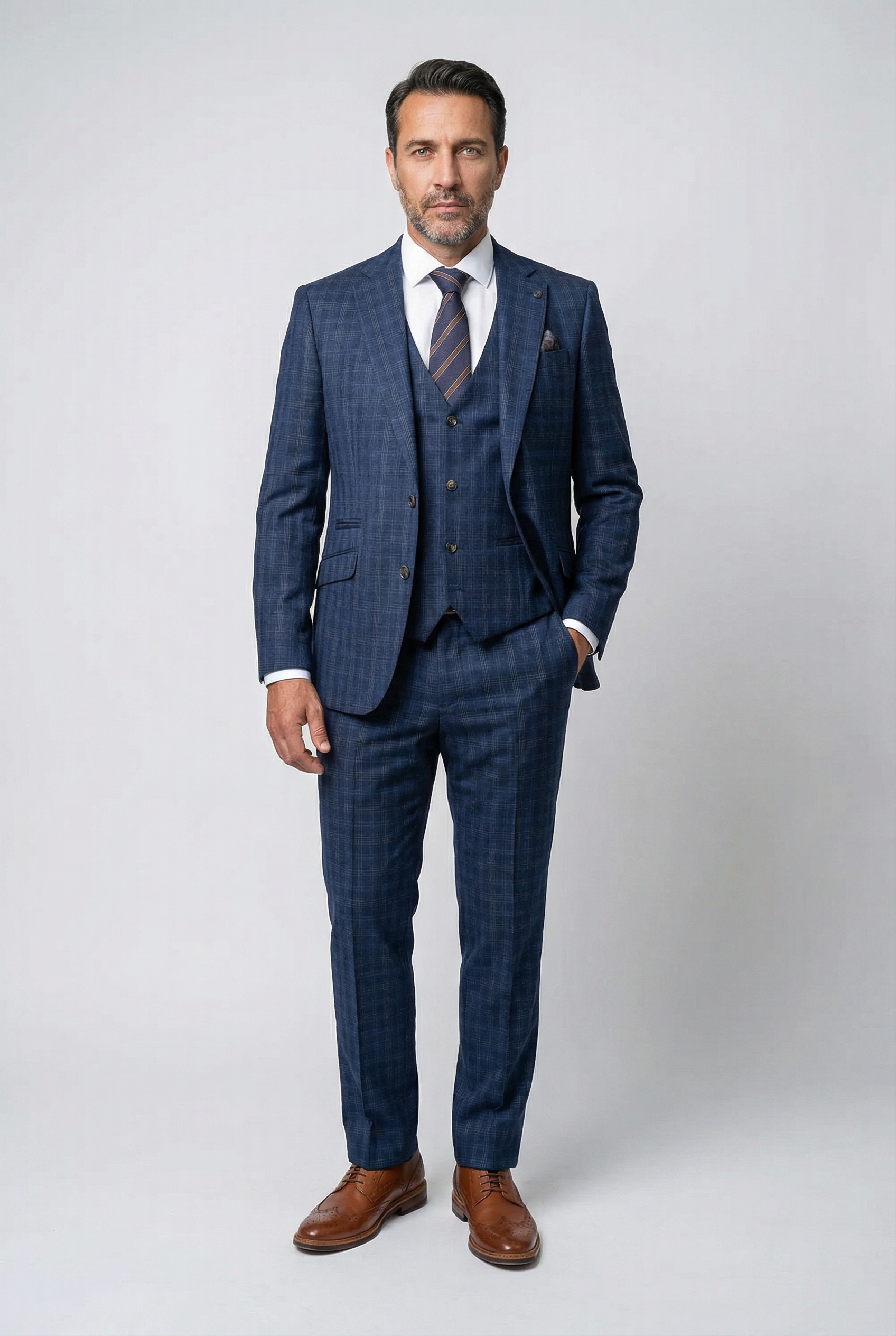 Men’s 3-Piece Windowpane Check Suit - Marcos - Navy