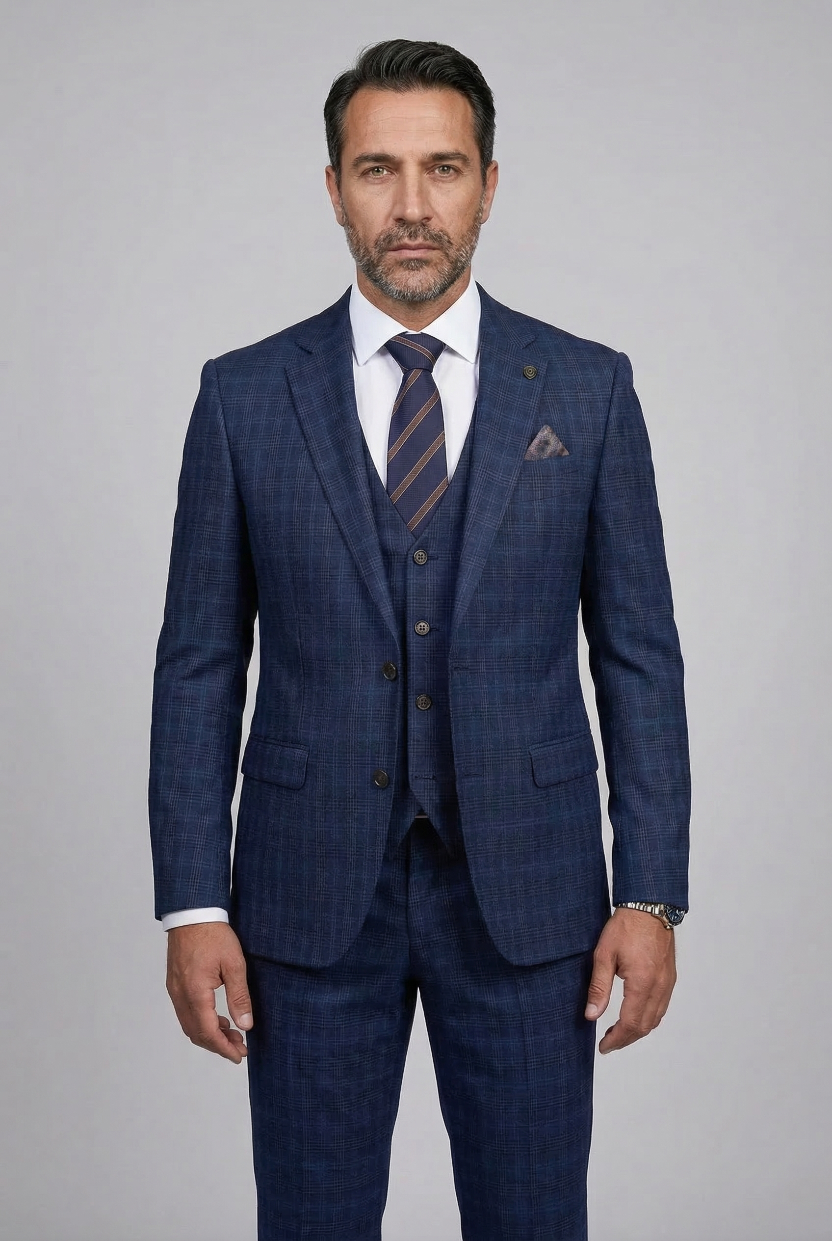 Men’s 3-Piece Windowpane Check Suit - Marcos - Navy