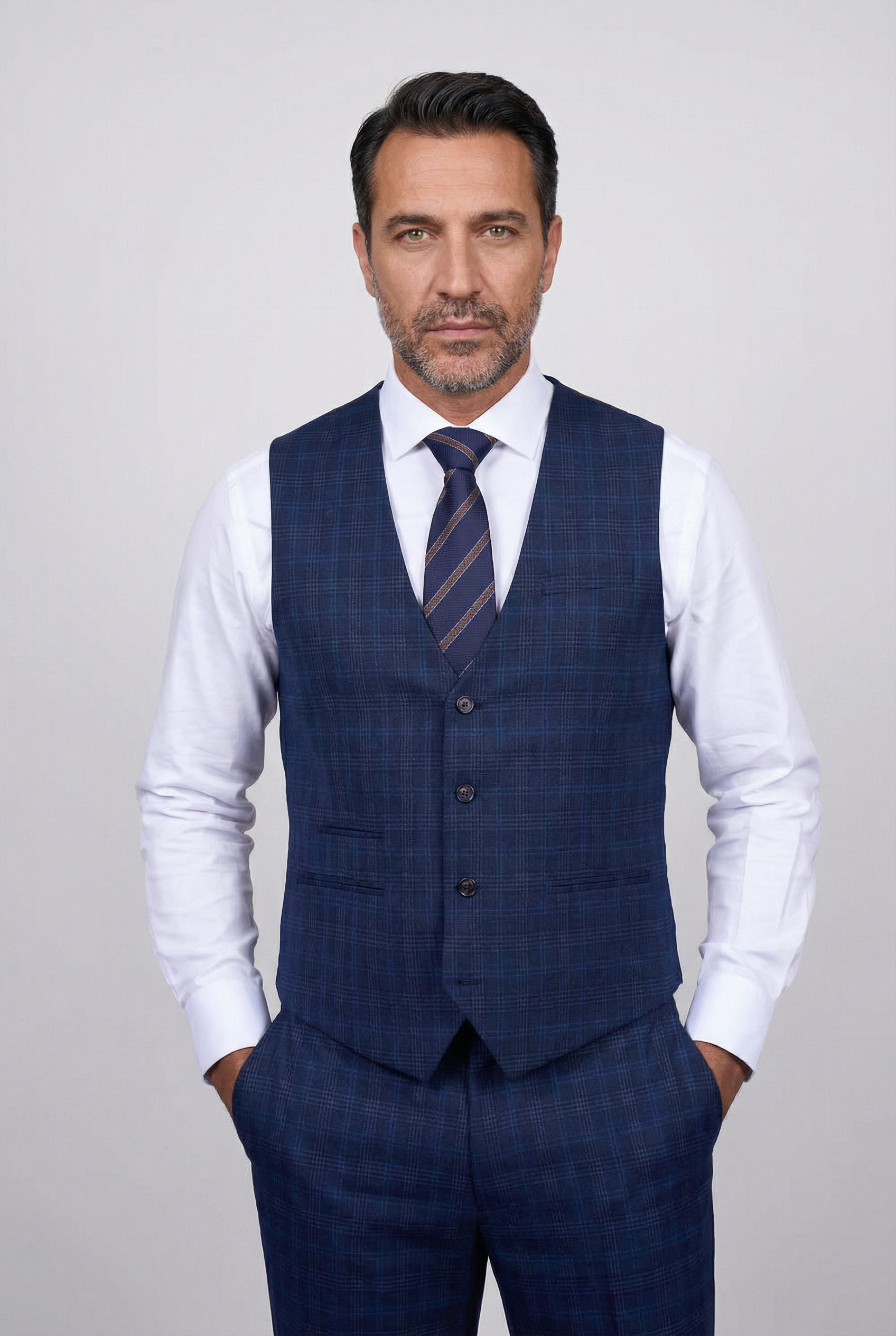 Men’s 3-Piece Windowpane Check Suit - Marcos - Navy