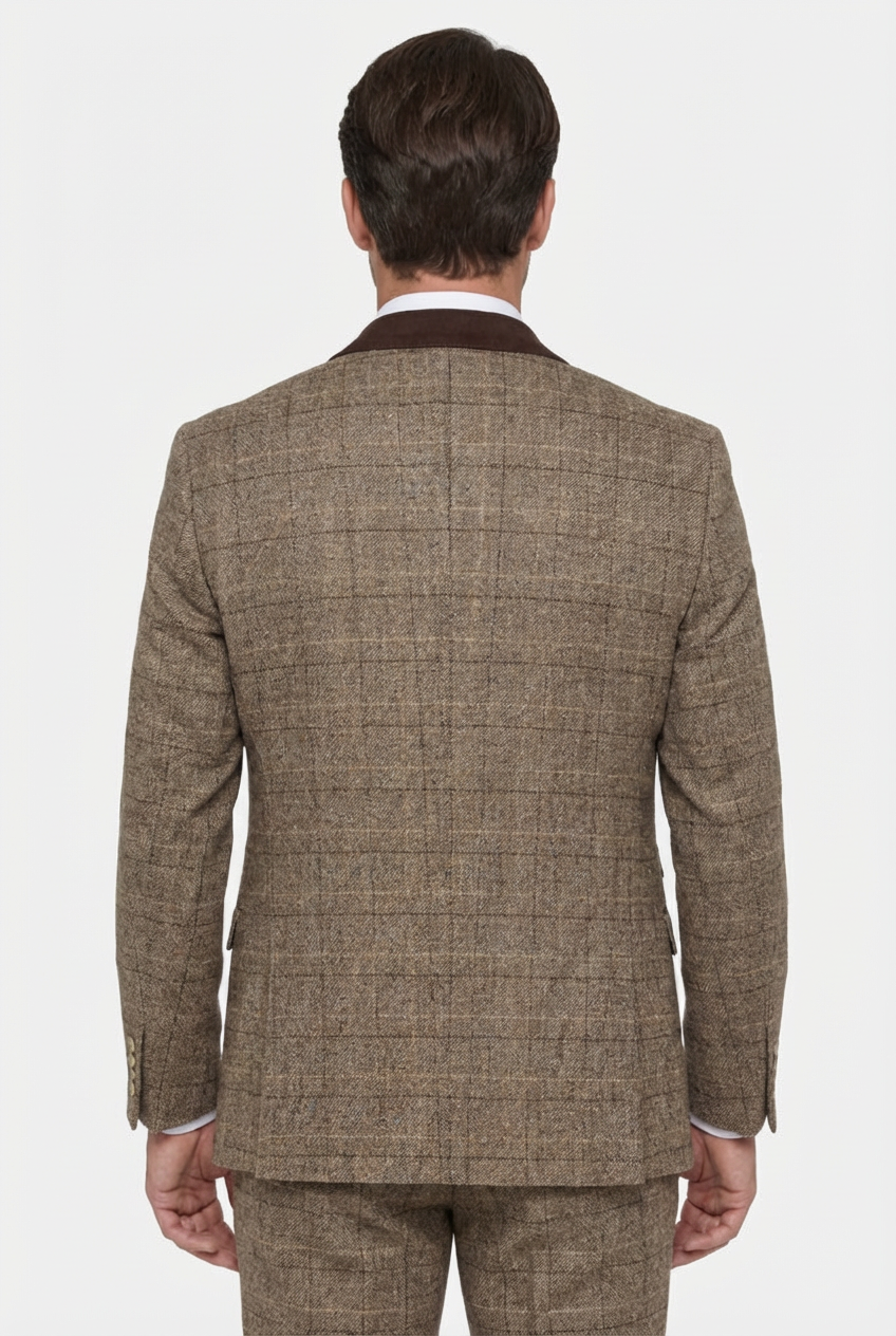 Men’s 3-Piece Windowpane Tweed Suit - Brown