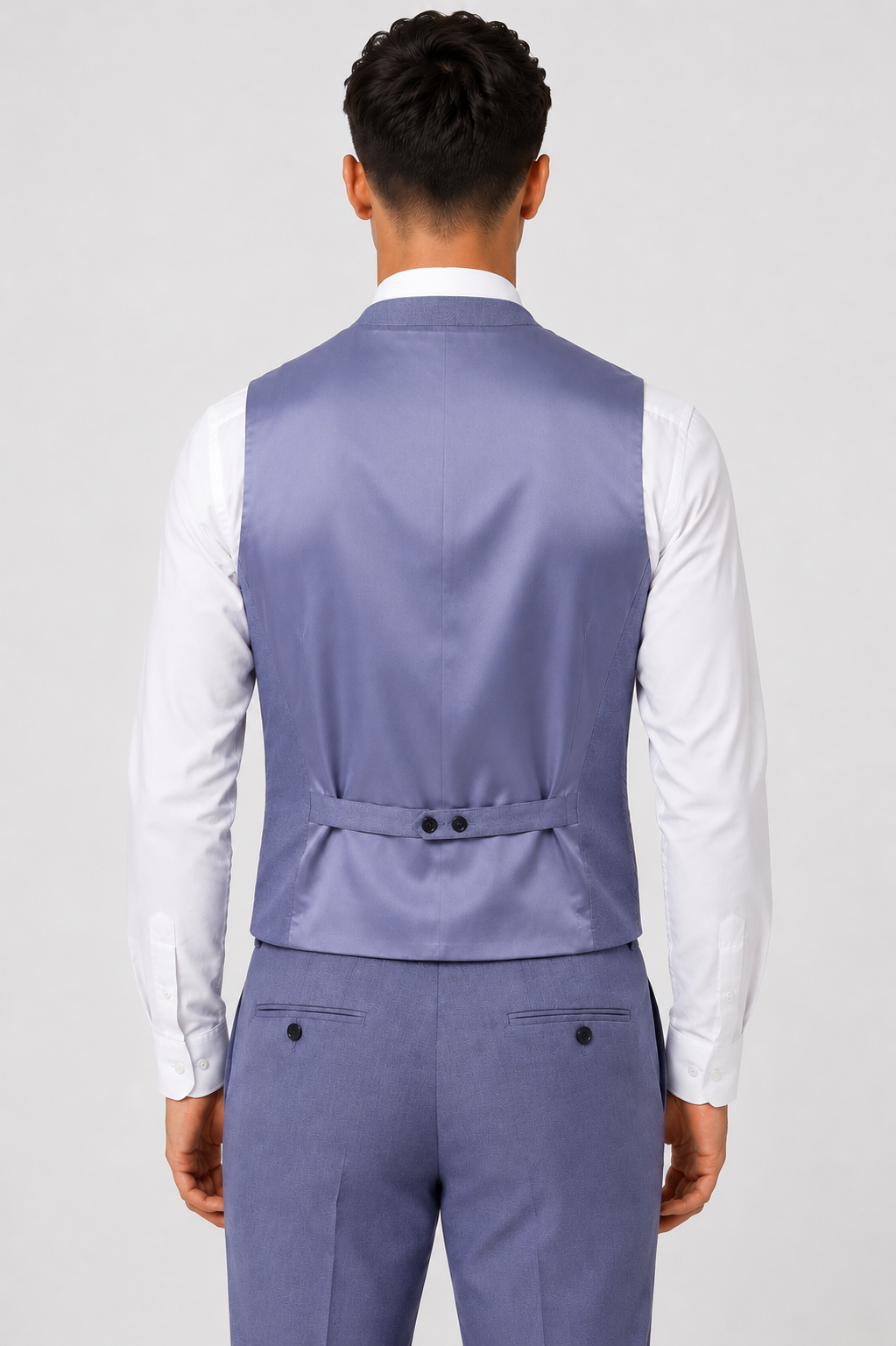 Men’s 3-Piece Wool Blend Formal Suit - Style DEAN LT BLUE Model Waistcoat  Back Picture
