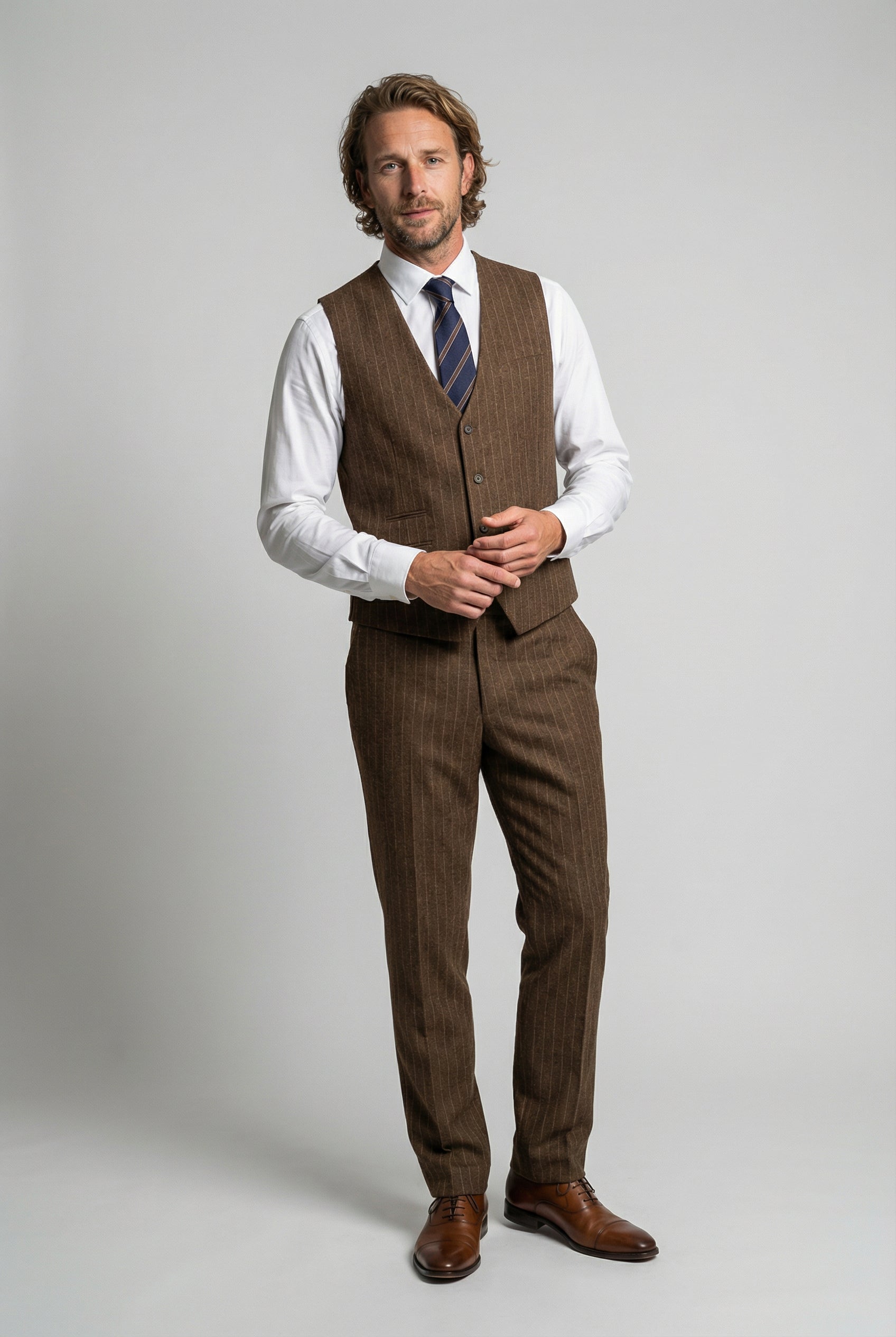 Men’s 3-Piece Wool Blend Pinstripe Formal Suit - Victor - Brown Waistcoat Picture